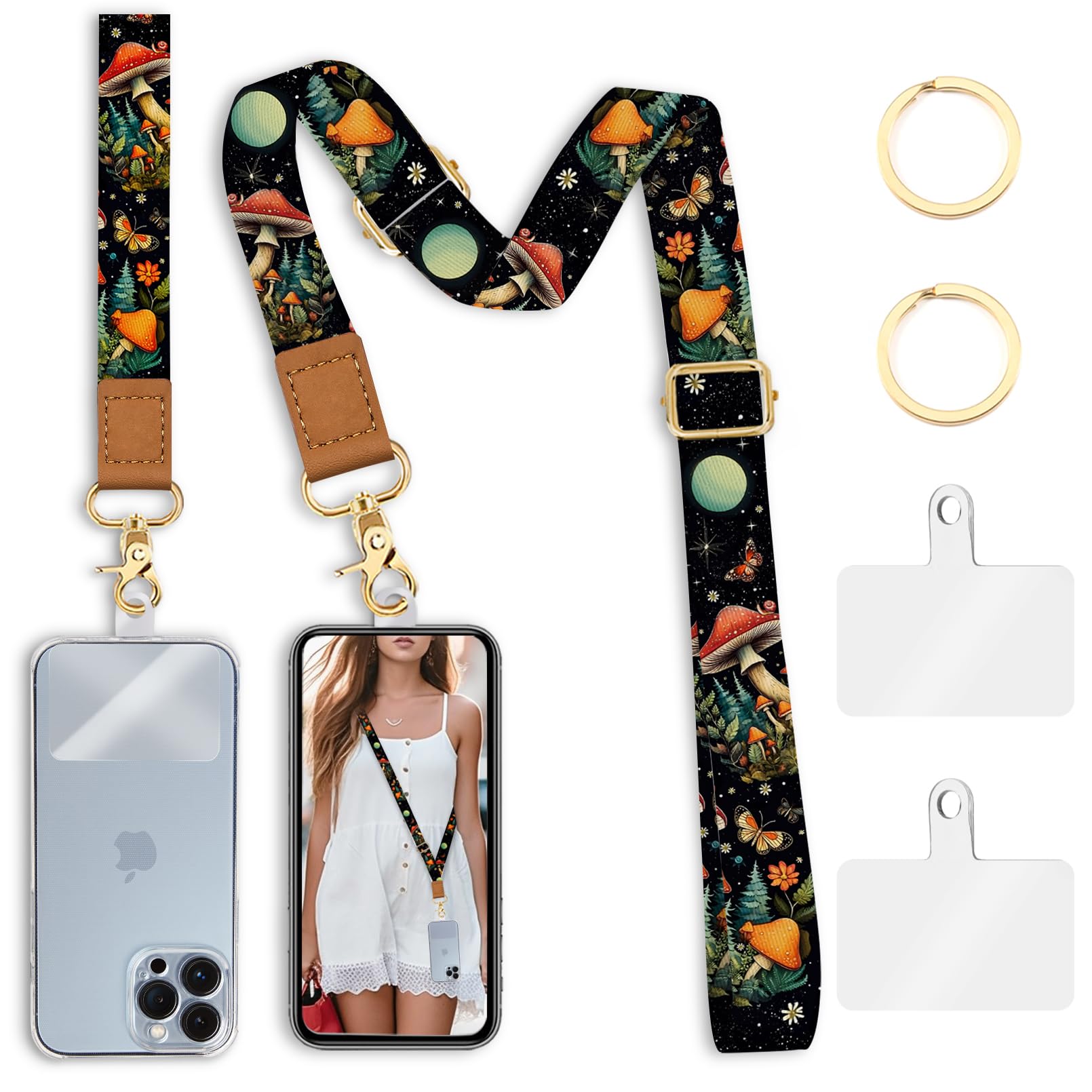 Piefly Phone Lanyard Crossbody Wrist Strap, Cute Mushroom Cell Phone Lanyards For Around The Neck Wristlet Shoulder, Adjustable