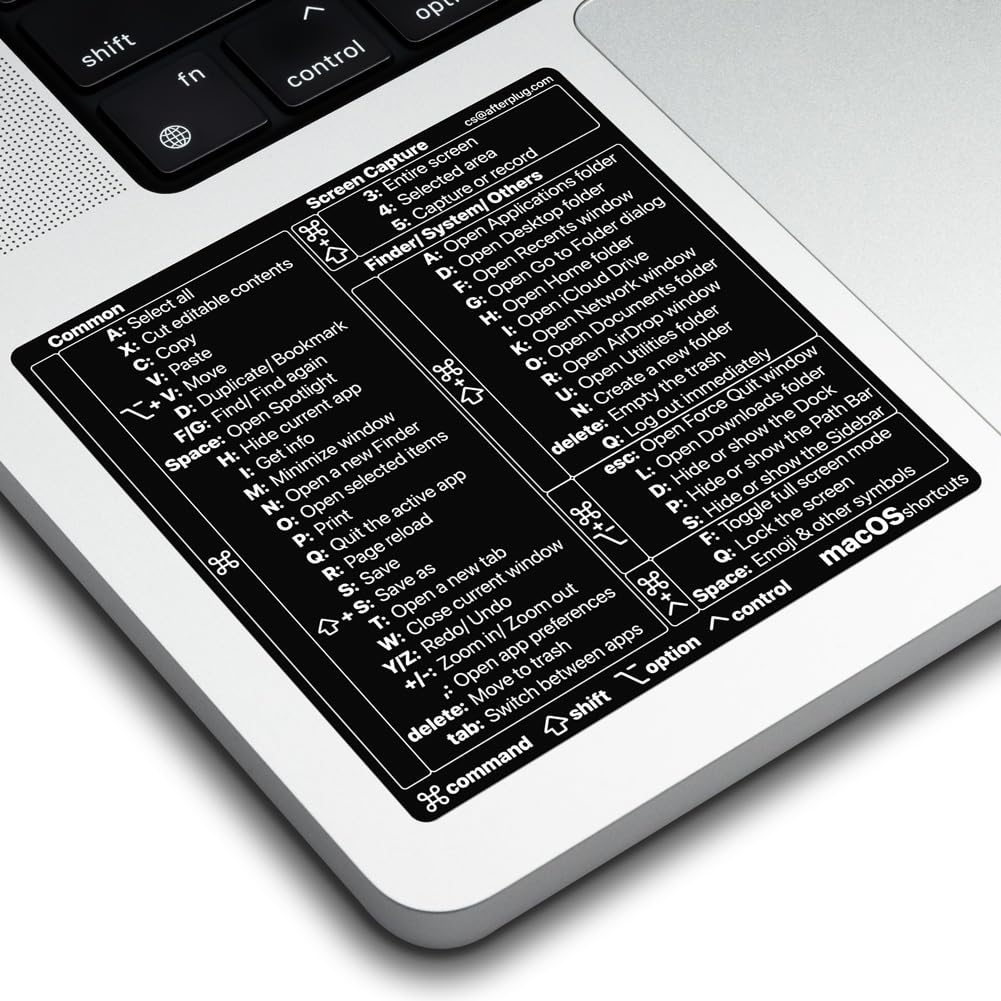 Afterplug Mac Os Keyboard Shortcuts Sticker, 50+ Shortcuts For 13 16 Inch Macbook Pro & Air, Residue Free Vinyl, Black With Whit