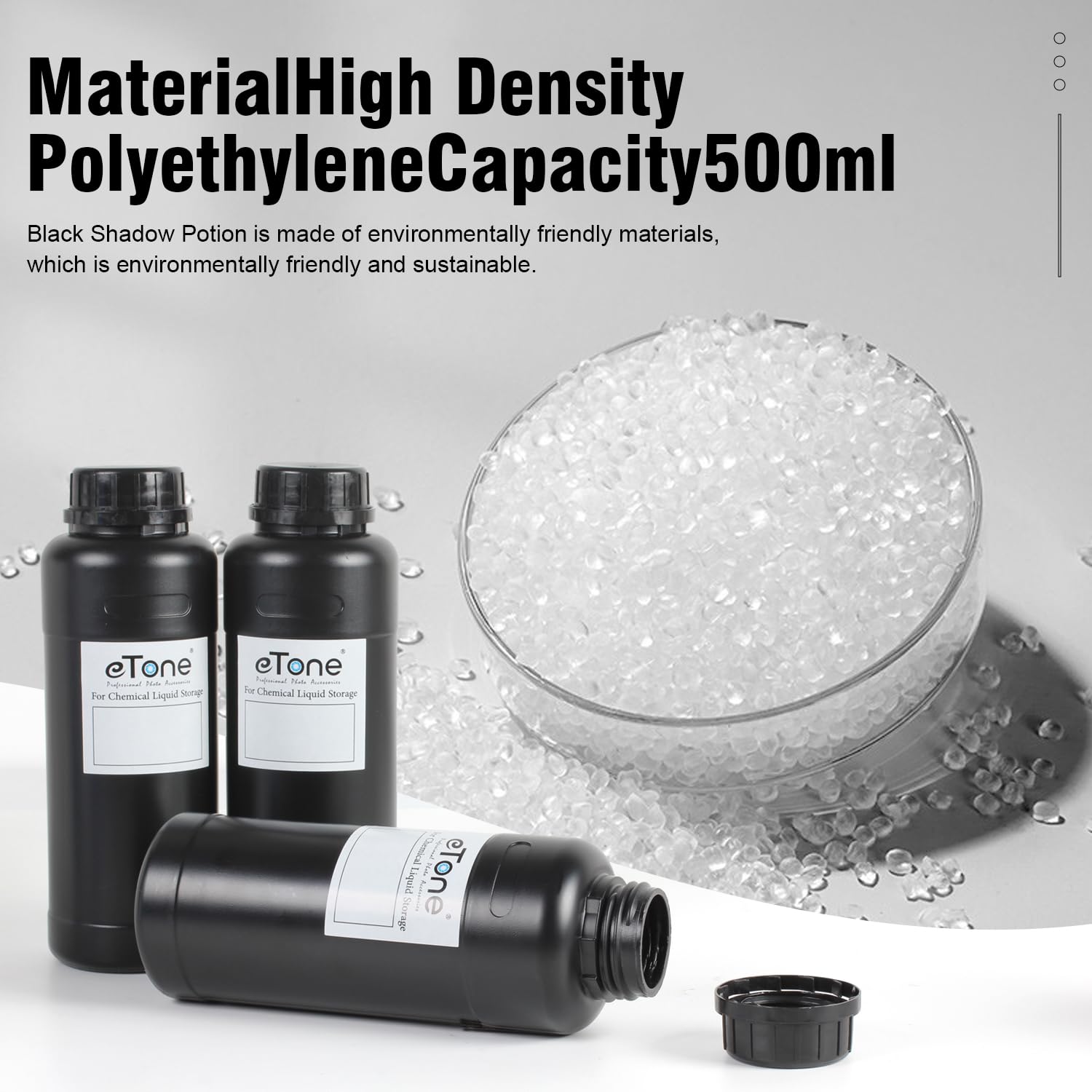 Etone 3X 500Ml Darkroom Chemical Storage Bottles With Caps Film Photo Developing Processing Equipment (Black)