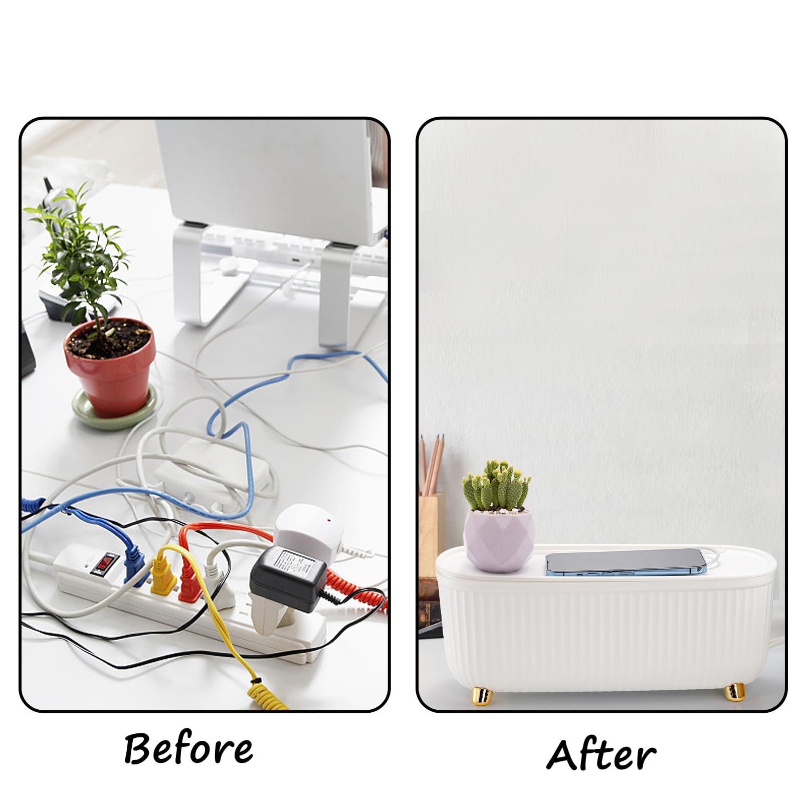 Lyellfe Cable Management Box 2 Pack with Lid ABS Plastic White 13.7"L x 6"W x 5"H Power Strip Cord Hider Organizer
