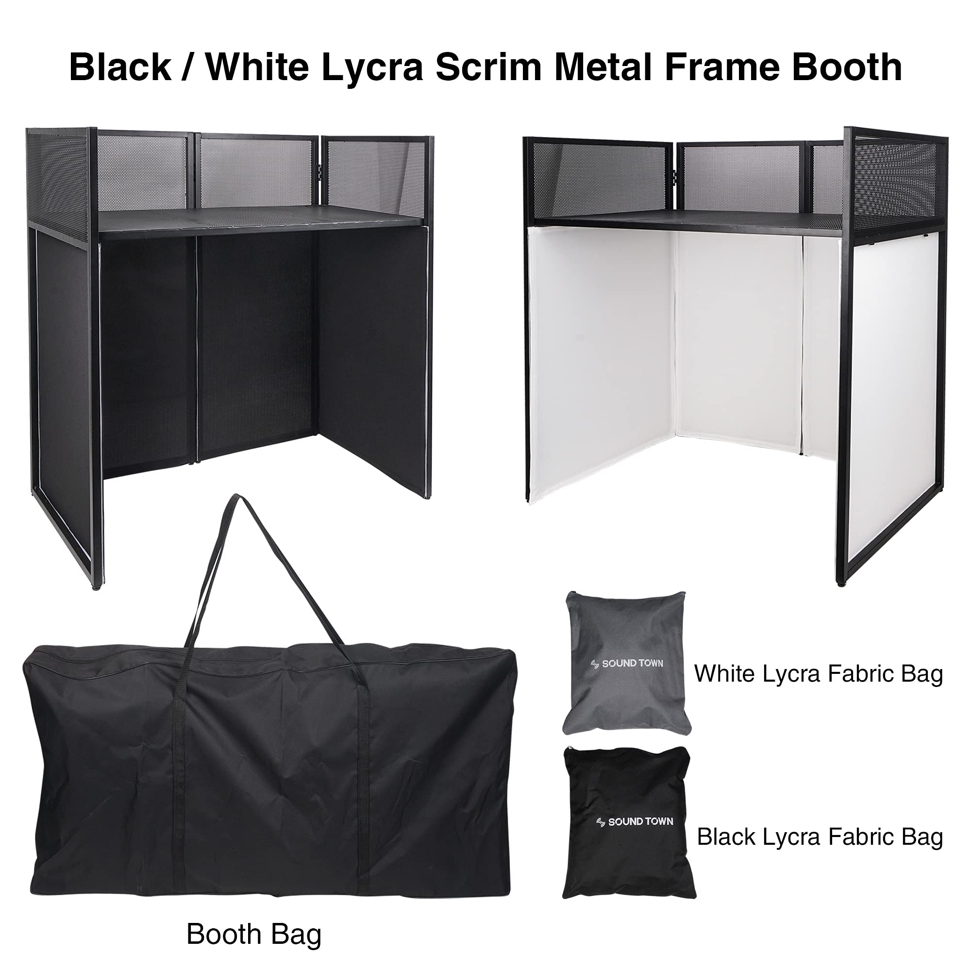 Sound Town Professional Dj Facade Booth With 20 X 40 Flat Table Top, 180 Degree Hinges, Carry Bags, Black And White Scrim Panels (Stdjb 4020)