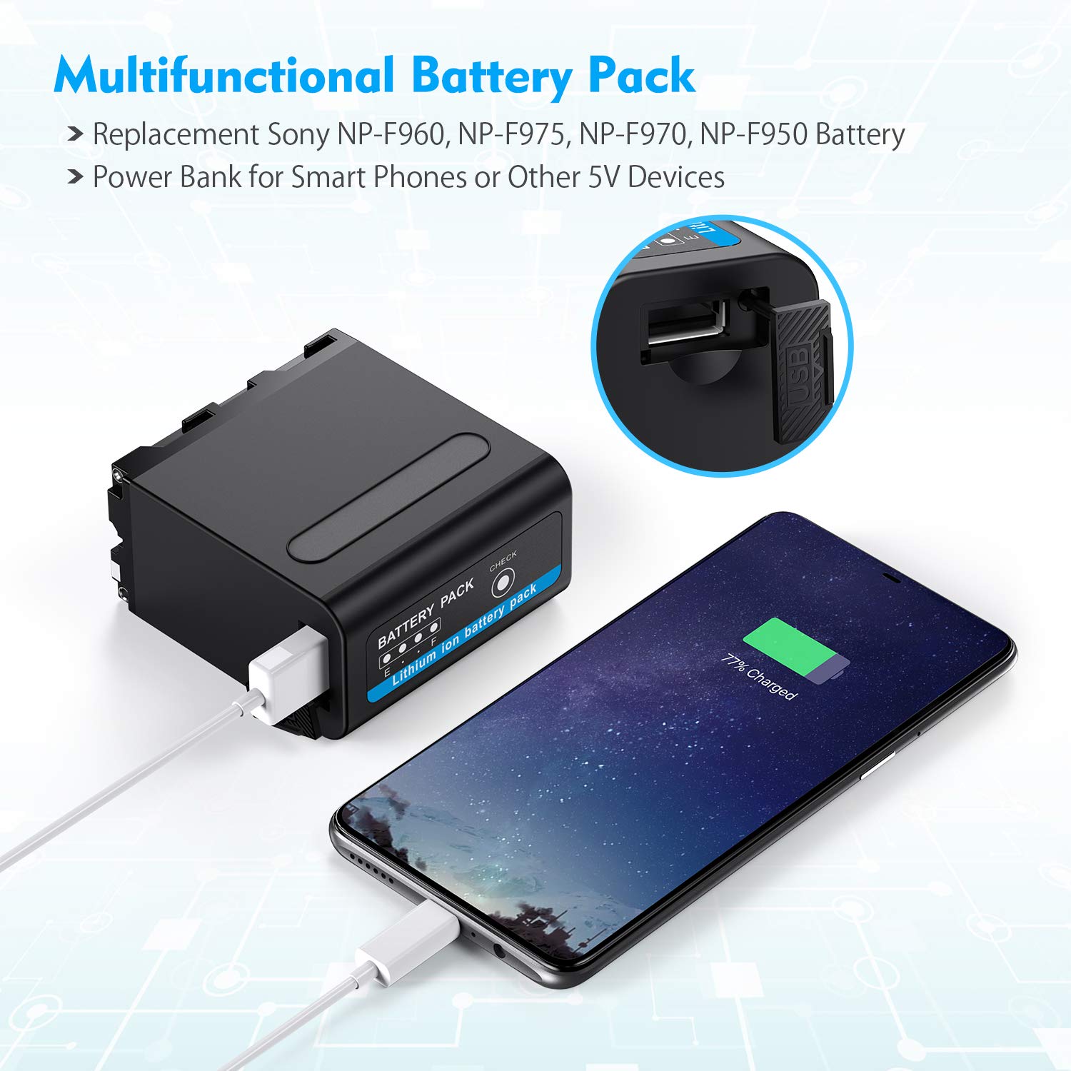Powerextra Multifunctional Battery Pack With Usb Output For Sony Np F970, Np F975, Np F960, Np F950, Np F930 Battery