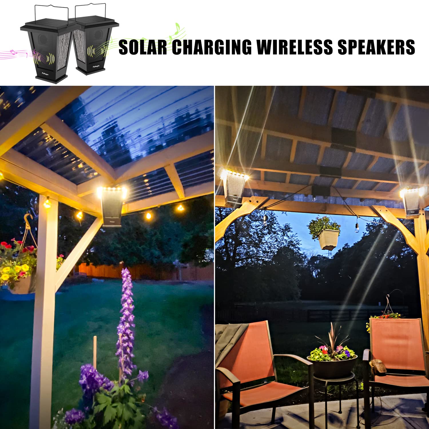 Pohopa Bluetooth Speakers Waterproof, Solar Powered 2 Packs True Wireless Stereo Sound 20W Speakers Dual Pairing Lantern Indoor Outdoor Speakers With 20 Piece Led Lights, Richer Bass, Black