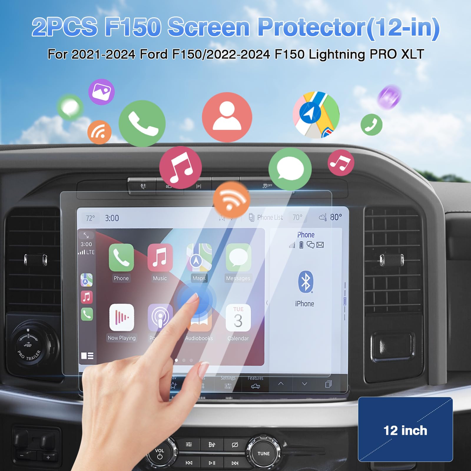 Sunsdrew 2Pcs Tempered Glass Screen Protector For 2021 2025 Ford F150/2022 2025 F 150 Lightning 12 Inch Touchscreen,Navigation Hd Clear Screen Cover 2025 F 150 Accessories