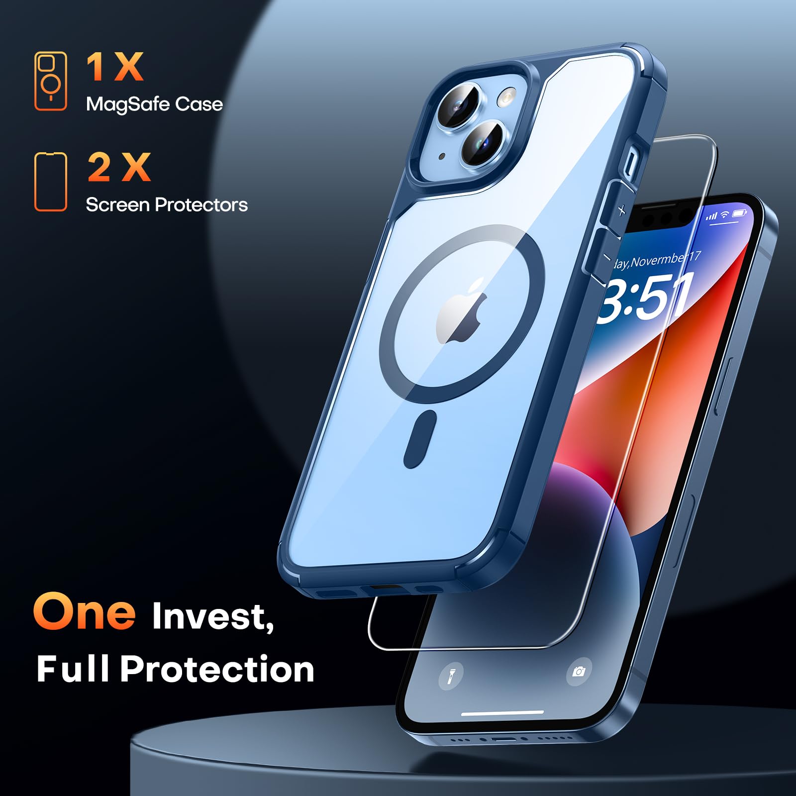 Tauri 3 In 1 Magnetic For Iphone 14 Plus Case, Compatible With Magsafe [Yellowing Resistant] With 2X Screen Protector, [Military