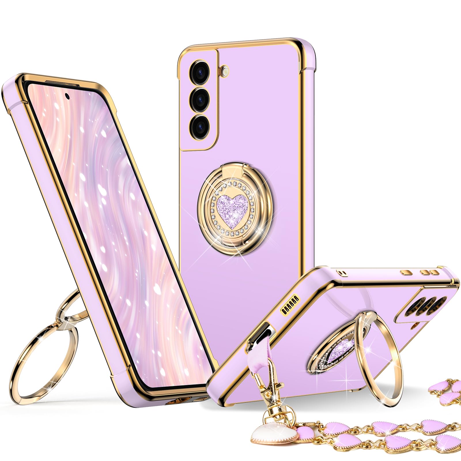 Xyz For Galaxy S21 Case With Stand, Samsung S21 Case With Double Ring, Women Girls Bling Luxury Protective Phone Case Heart For