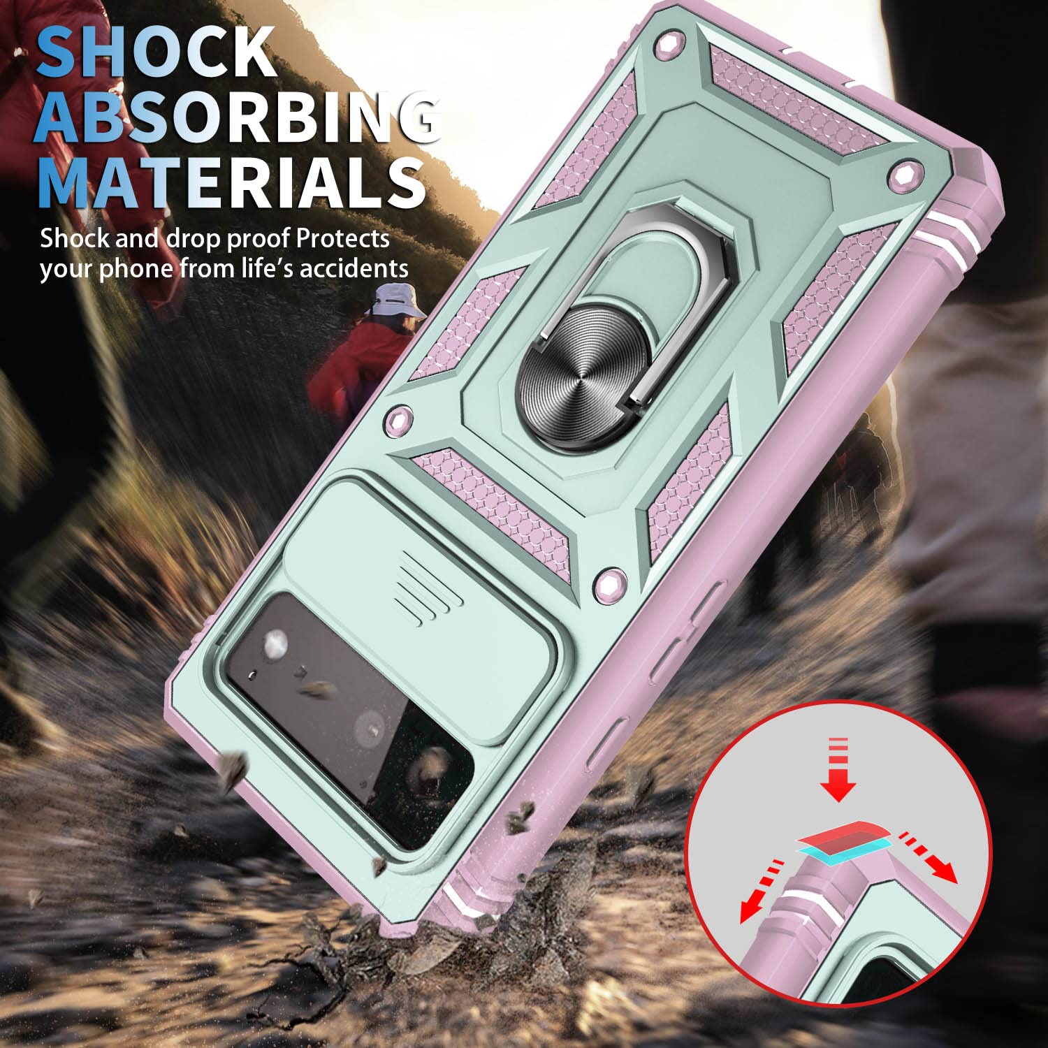 Fetrim Case For Google Pixel 6, Camera Cover Phone Case With Rotation Ring Stand For Google Pixel 6   Green Pink