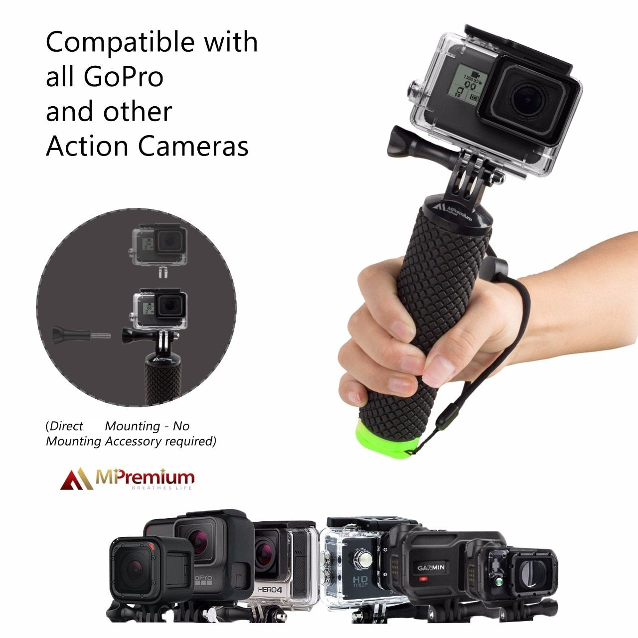 Mipremium Waterproof Floating Hand Grip Compatible With Gopro Cameras Hero 12 11 10 9 8 7 6 5 4 3 2 Session Black Silver Handler And Handle Mount Accessories For Water Sport & Action Cameras (Green)