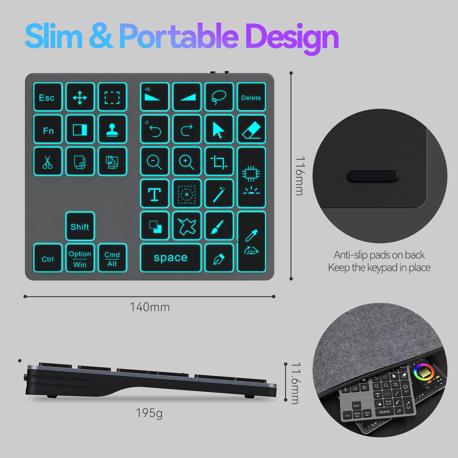 Doohoeek Bluetooth Shortcut Keyboard for Adobe Photoshop - Rechargeable, 7-Color Backlit Keypad for Mac & PC