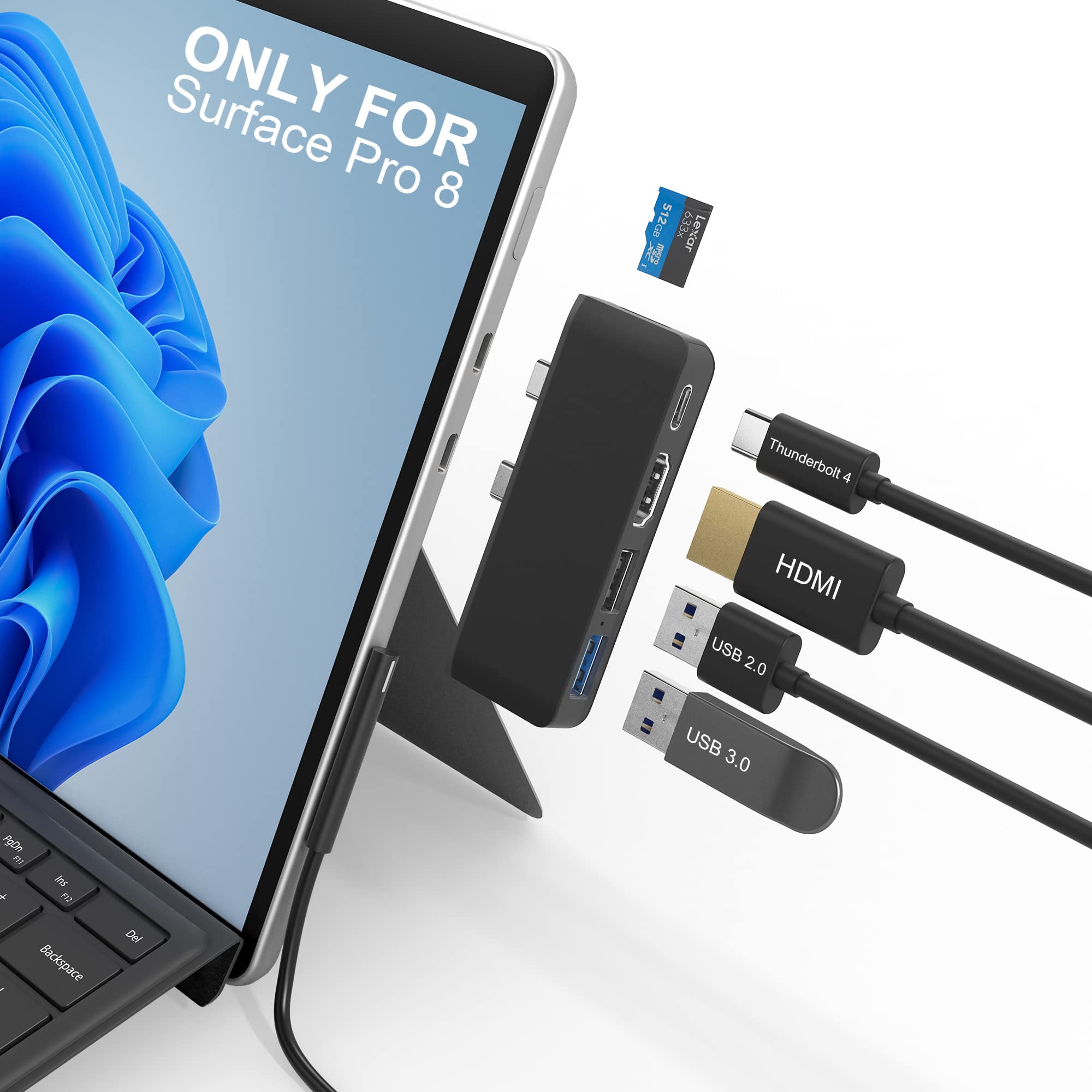 Surface Pro 8 Hub Docking Station with USB-C Thunerbolt 4 (Display+Data+PD Charging), 4K HDMI, USB 3.0, USB 2.0, TF Card Slot, T