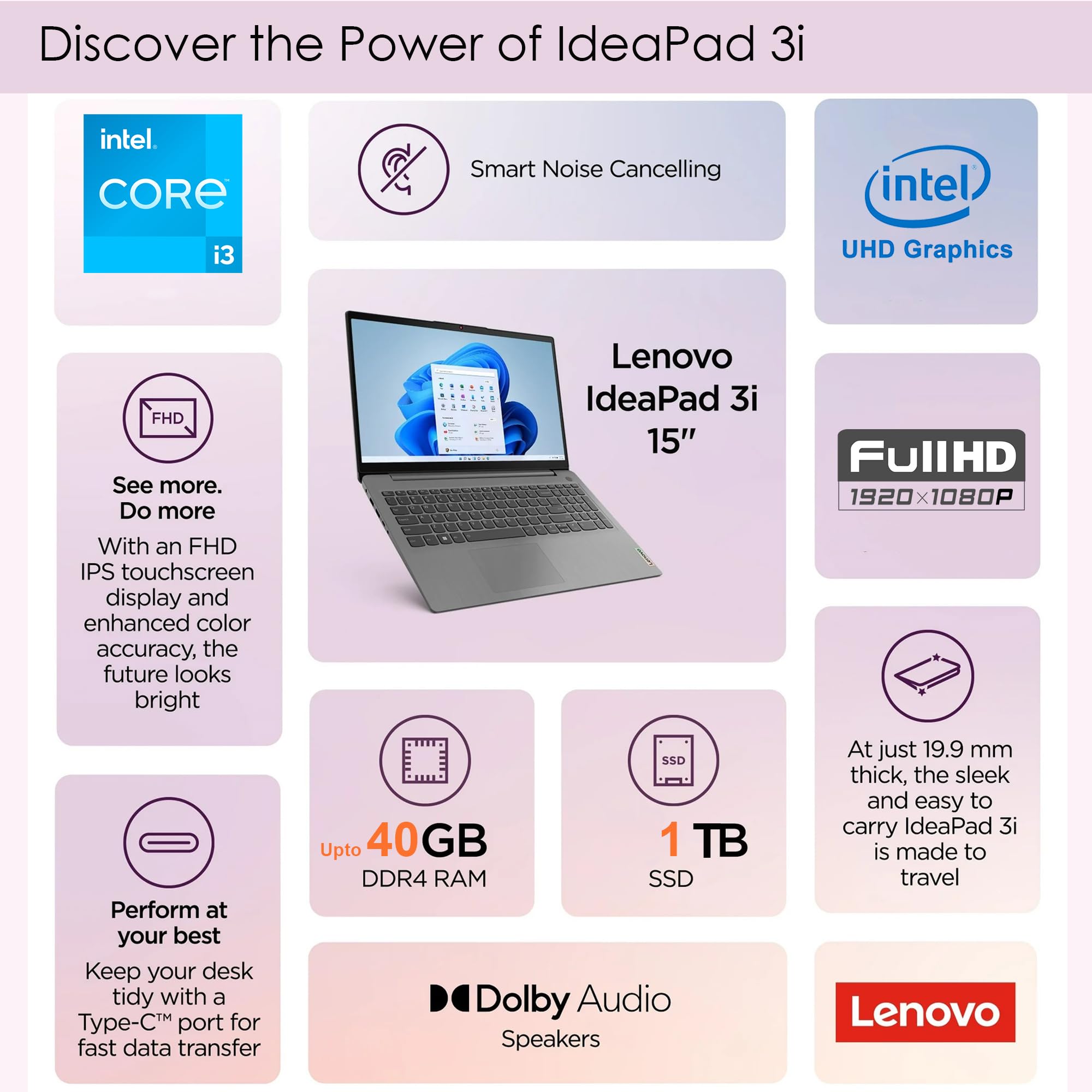 Lenovo Ideapad 3I Touchscreen Laptop With 128Gb External Hard Drive, 40Gb Ram, 1Tb Ssd, Intel Core I3, 15.6 Inch Fhd Display 192