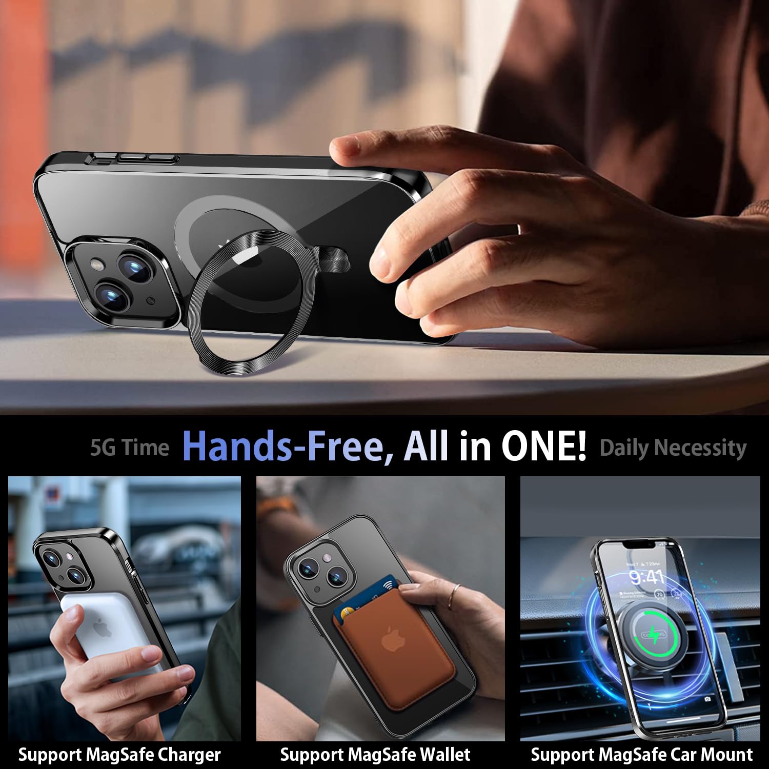 Tlikemiss [Cd Ring Compatible With Magsafe Invisible Stand] Magnetic For Iphone 15 Case, [Electroplated Bumper Non Yellowing][Lo