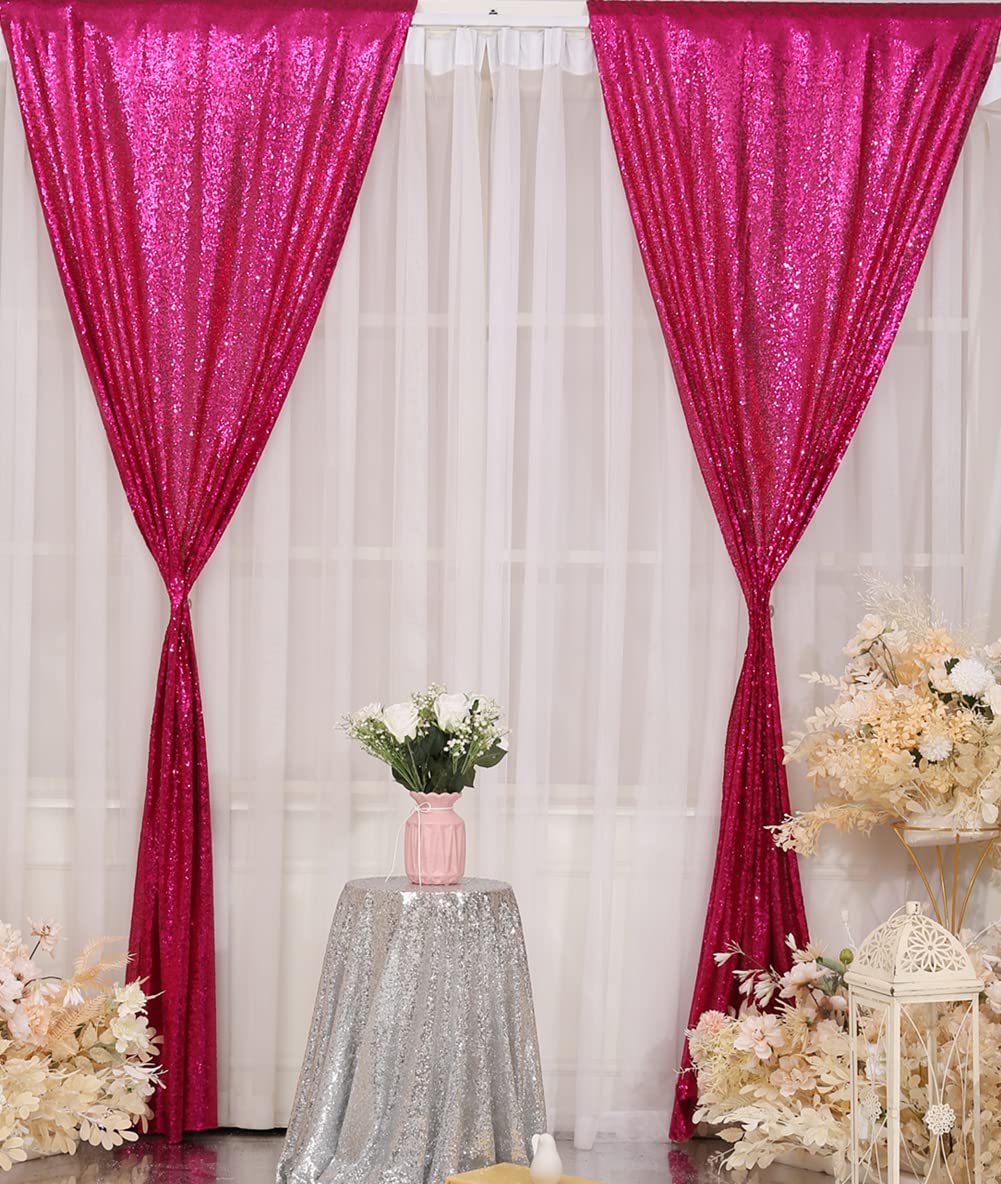 Poise3Ehome Hot Pink Sequin Backdrop Curtain, 2 Panels Hot Pink Sequin Backdrop, 2Ftx8Ft Sequin Curtains For Party Wedding Seque