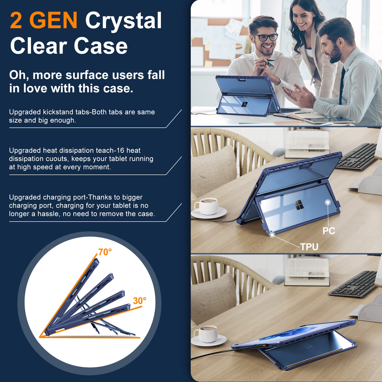 Infiland Case, Crystal Clear Multi Angle Shockproof For Microsoft Surface Pro 9/10, Compatible With Surface Pro Signature Keyboard & Slim Pen 2, Blue