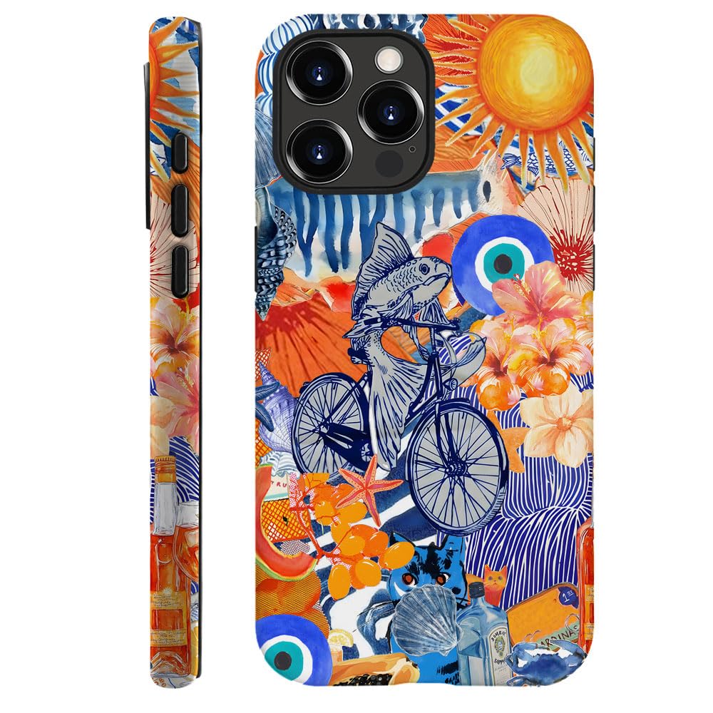 Case for iPhone 14 Pro,Fits Frosted Case Design for Girl Women,Collage Blue Fish Beach Bike Flower