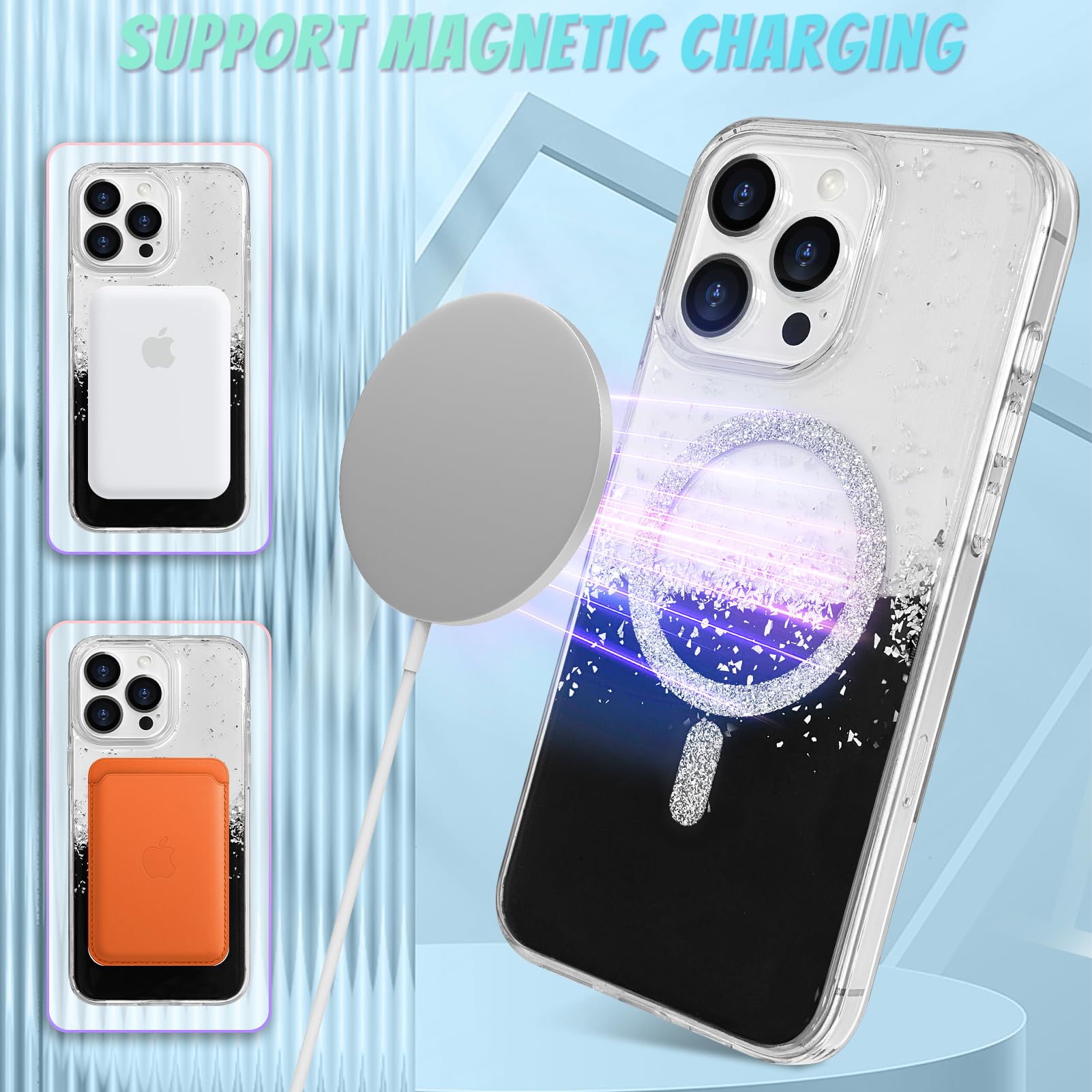 Bonoma For Iphone 16 Pro Case, Sparkly Glitter Bling Back, Magnetic Support For Magsafe Shockproof Case, Crystal And Clear High