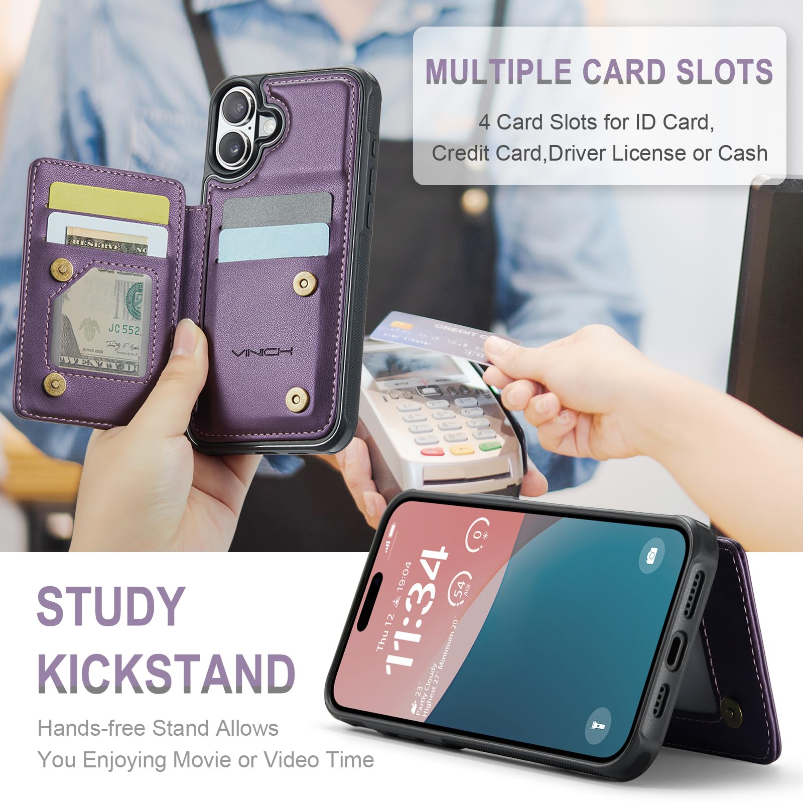 Vinich For Iphone 16 Plus 6.7'' Wallet Case With Card Holder, Rfid Blocking For Iphone 16 Plus Case For Women Men, Durable Kicks