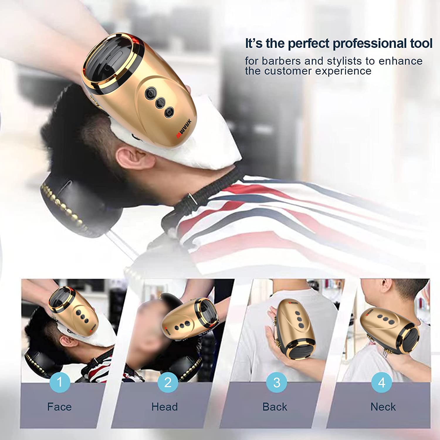 Wmark Barber Massager/Cordless Handheld Massager, Charge Neck/Legs/Hand/Face Massager, 2 Massage Nodes 2600Amh,Golden