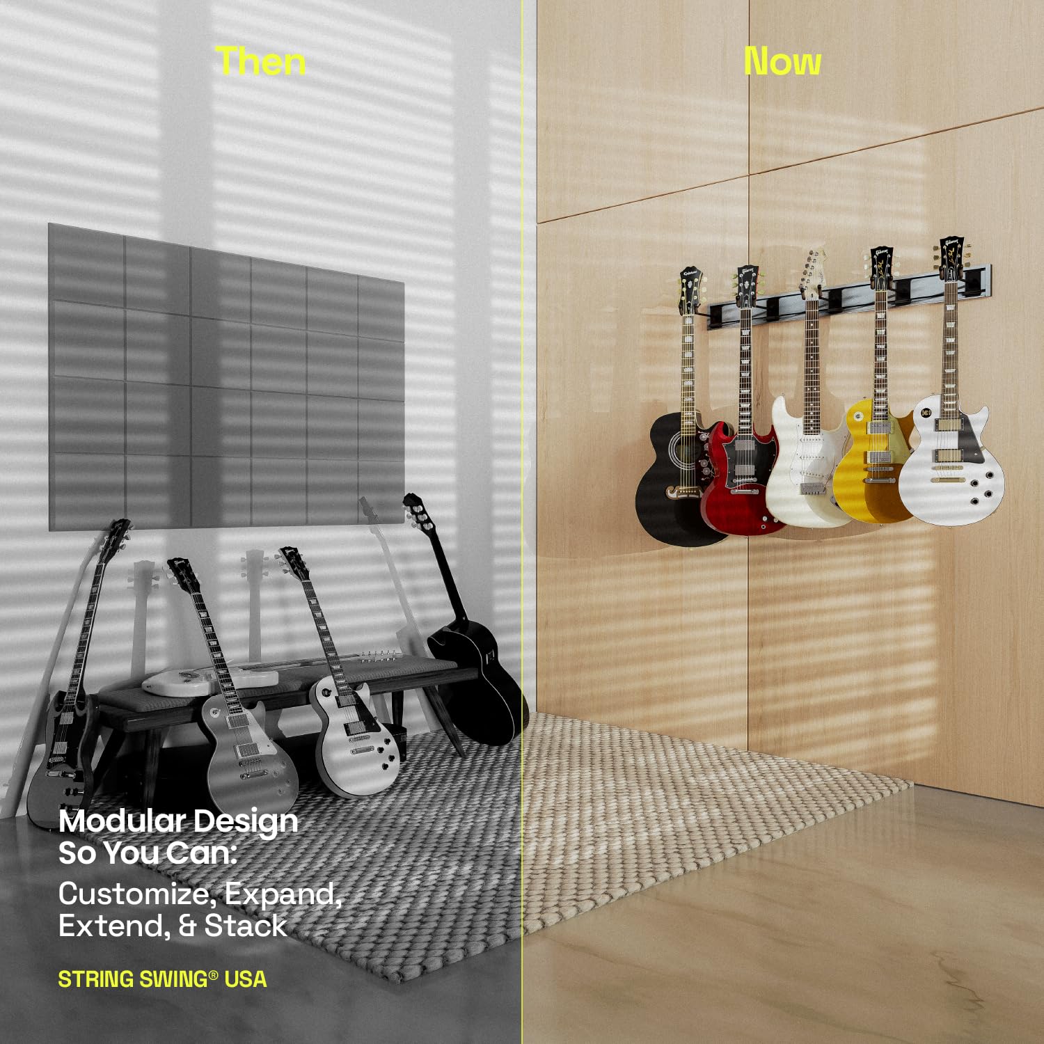 String Swing Guitar Wall Rack, Multiple Guitar Wall Mount, Guitar Organizer For Acoustic & Electric Guitars, 5 Padded Arm Hanger