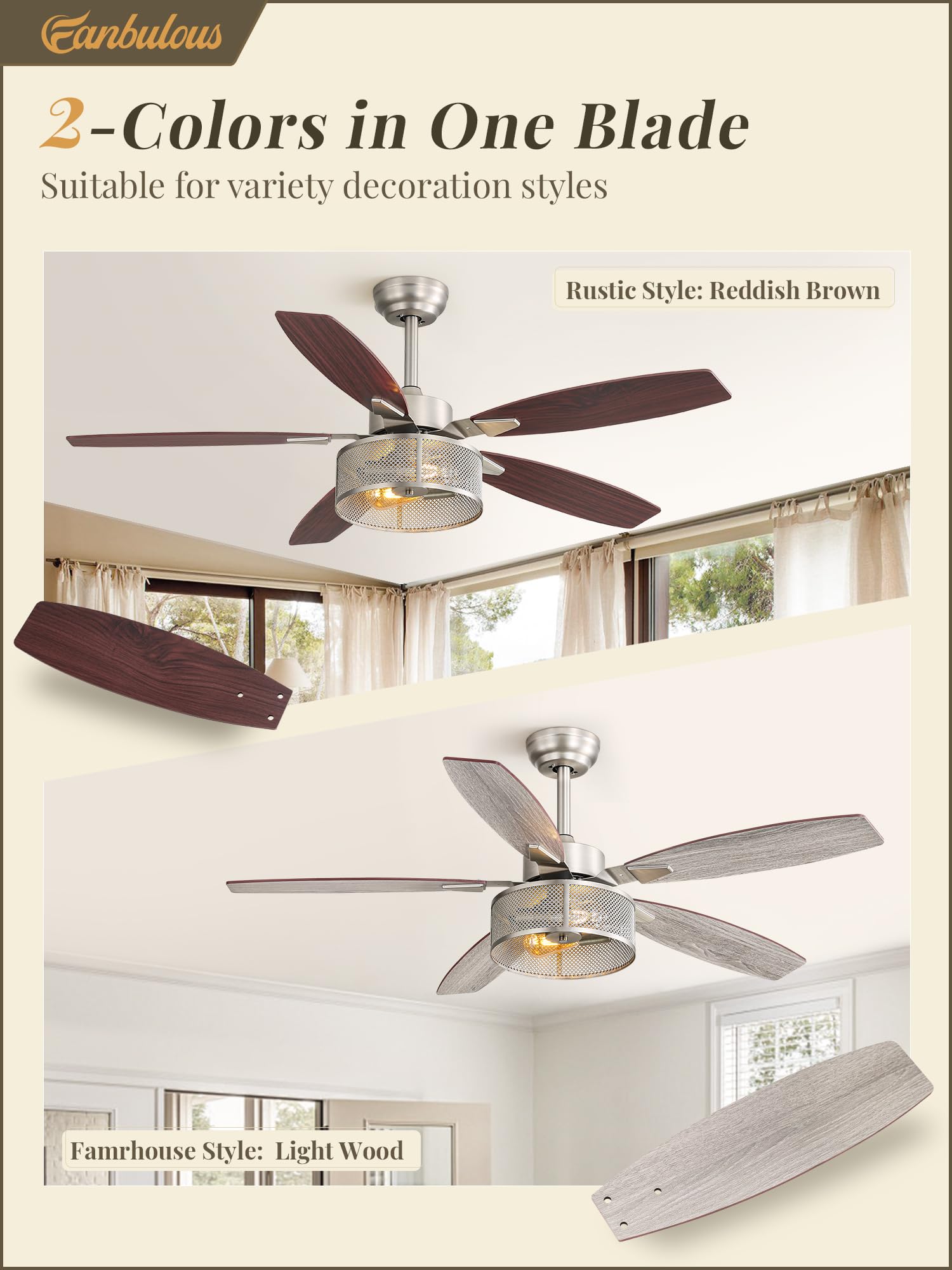 Farmhouse Brushed Nickel Ceiling Fans With Lights And Remote, 52 Inch Bedroom Caged Ceiling Fans For Living Room Kitchen,6 Speed