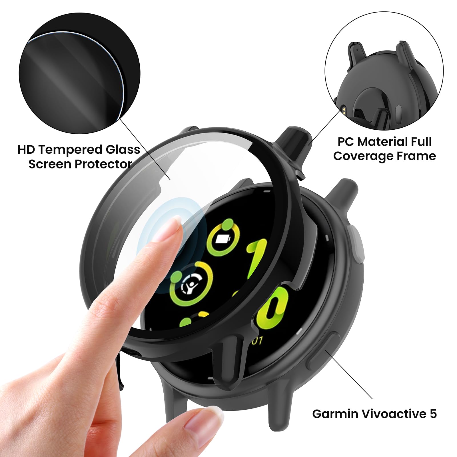 Compatible With Garmin Vivoactive 5 Watch Case Cover, Replacement Pc Protective Case Full Cover Built-In Hd Tempered Glass Scree