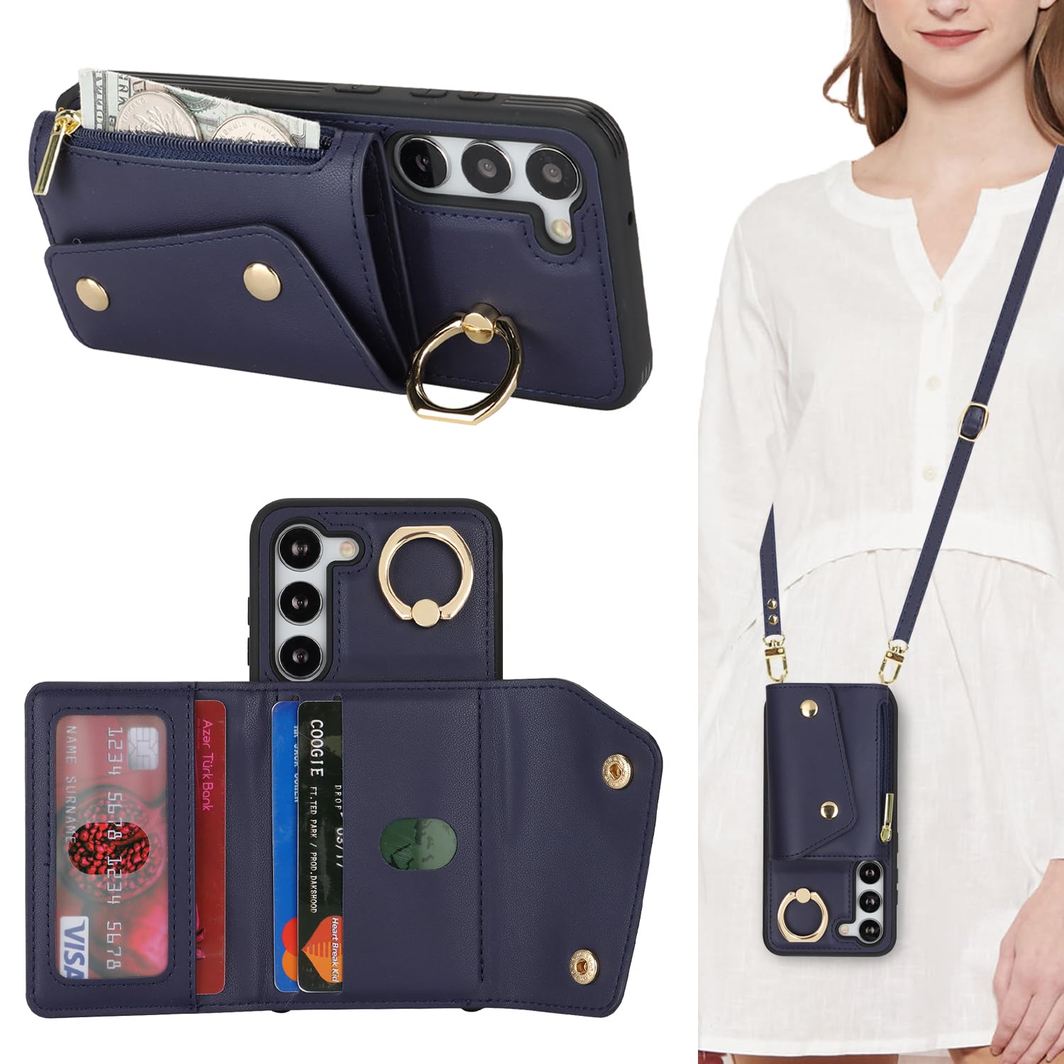 Lipvina for Samsung Galaxy S23 Case with Card Holder and Strap - Zipper Pocket,Crossbody Lanyard Strap,Credit Card Holder,Stand 