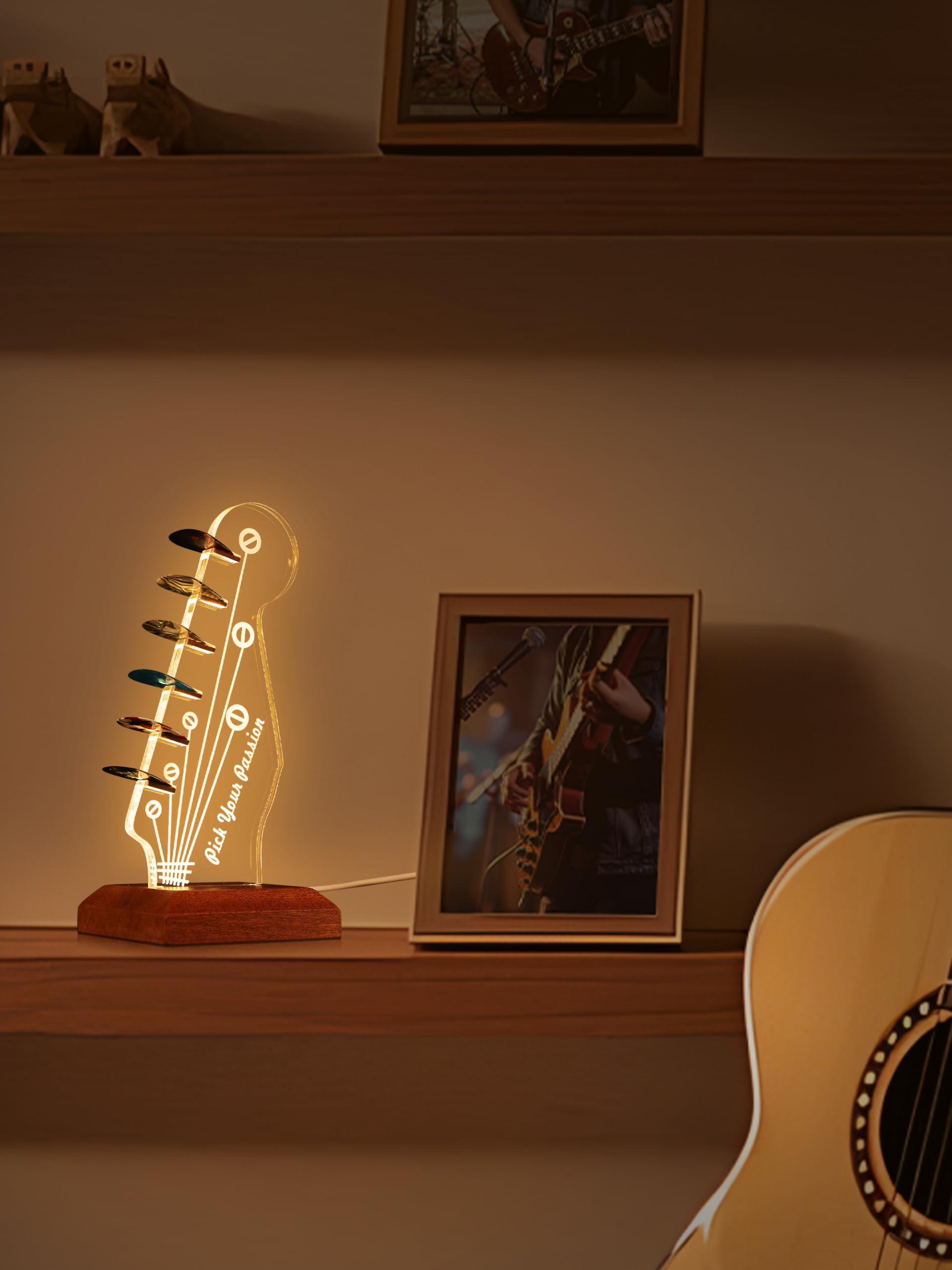 Coolgift Mart Light Up Guitar Pick Holder, Acrylic Electric Guitar Headstock Shaped Pick Holder With Wooden Base For Picks Stora