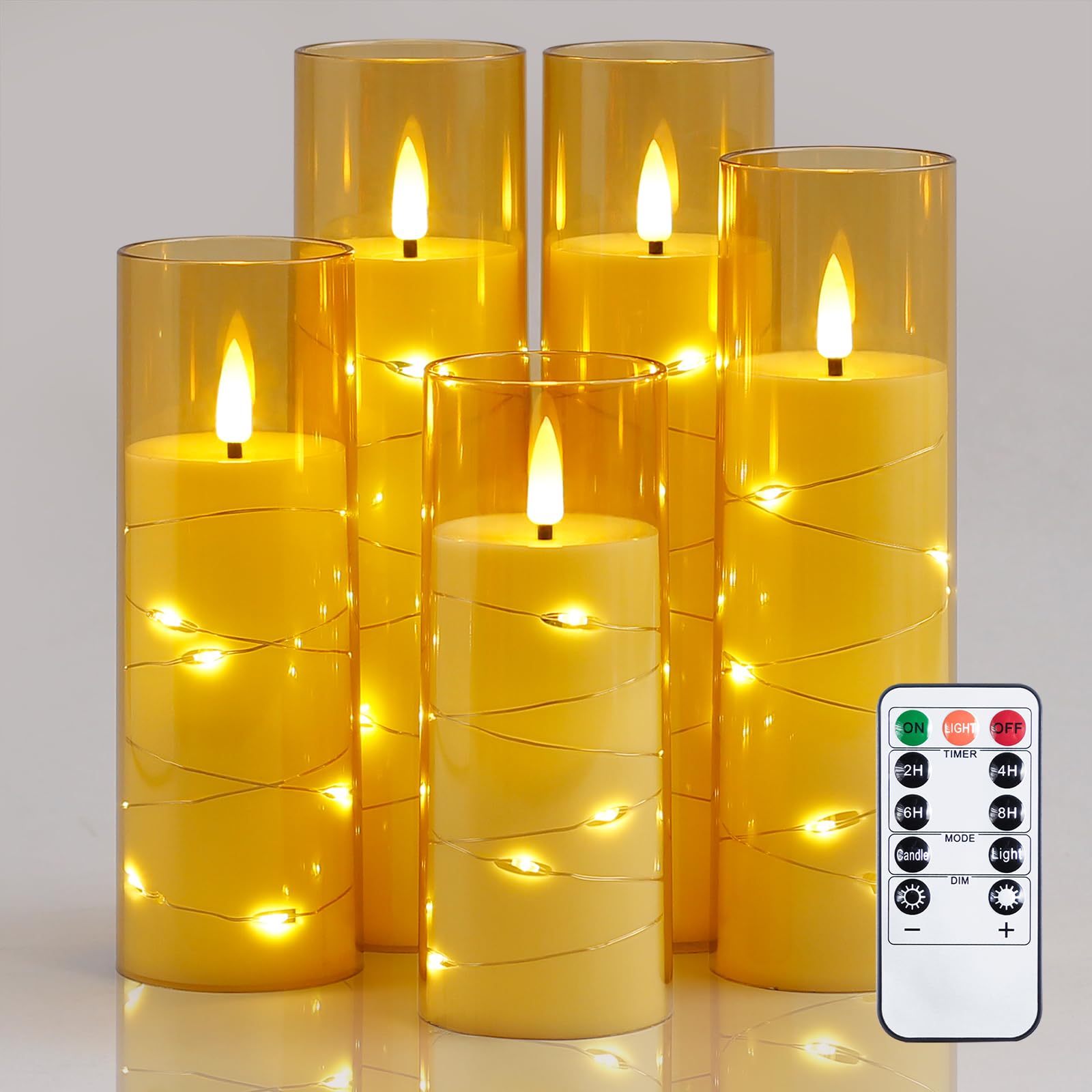 Zevanor Flameless Flickering 2.2'' X5'' 6'' 7'' 8'' 8'' Candles, Led Battery Operated Gold Clear Plastic Timer Pillar Realistic