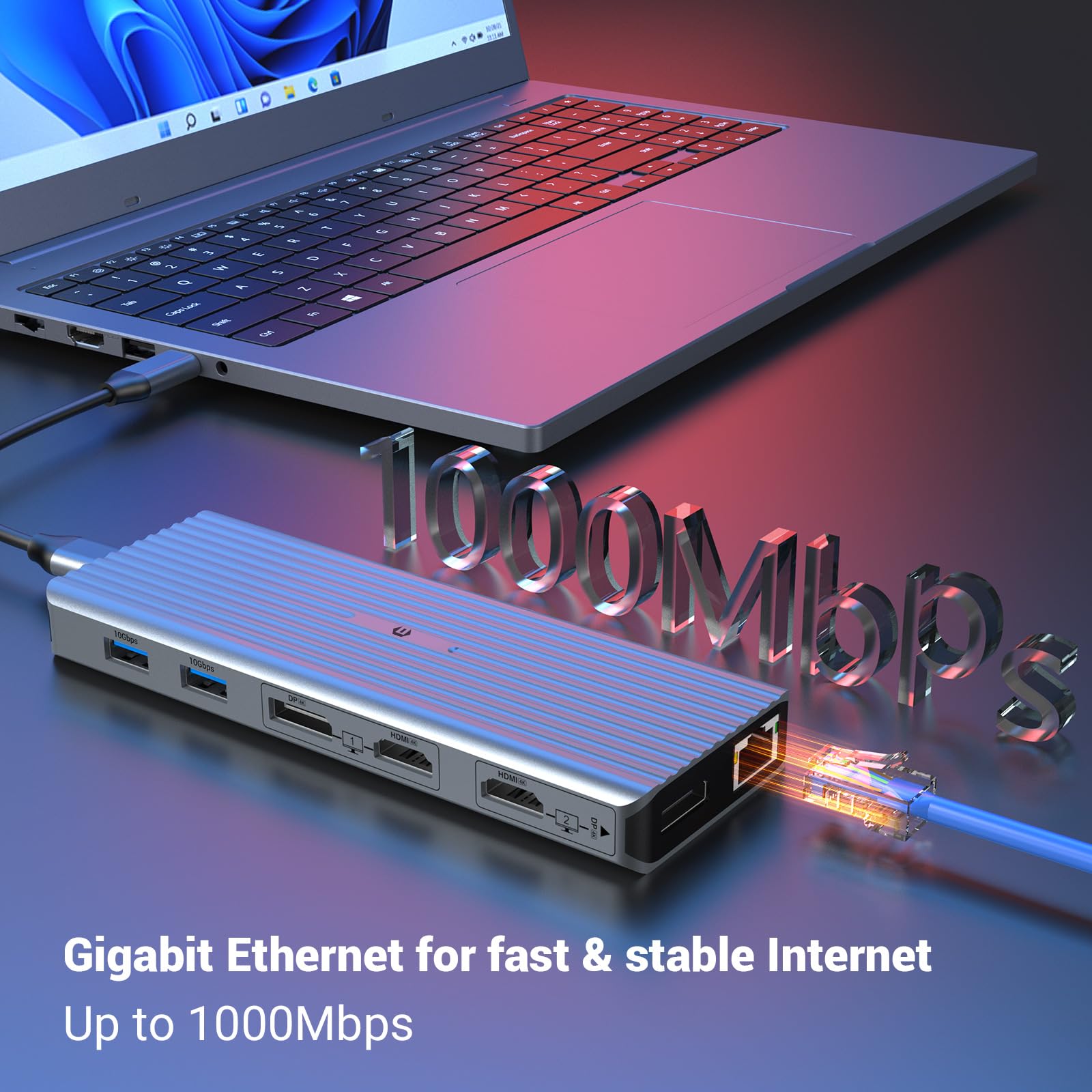 Otaitek Docking Station, 11 In 1 Usb C Hub Dual 4K@60Hz Video Outputs Dual Monitor,(3 Usb 3.1 10 Gb/S, 2 Hdmi, 2 Dp, 100W Pd, Gi