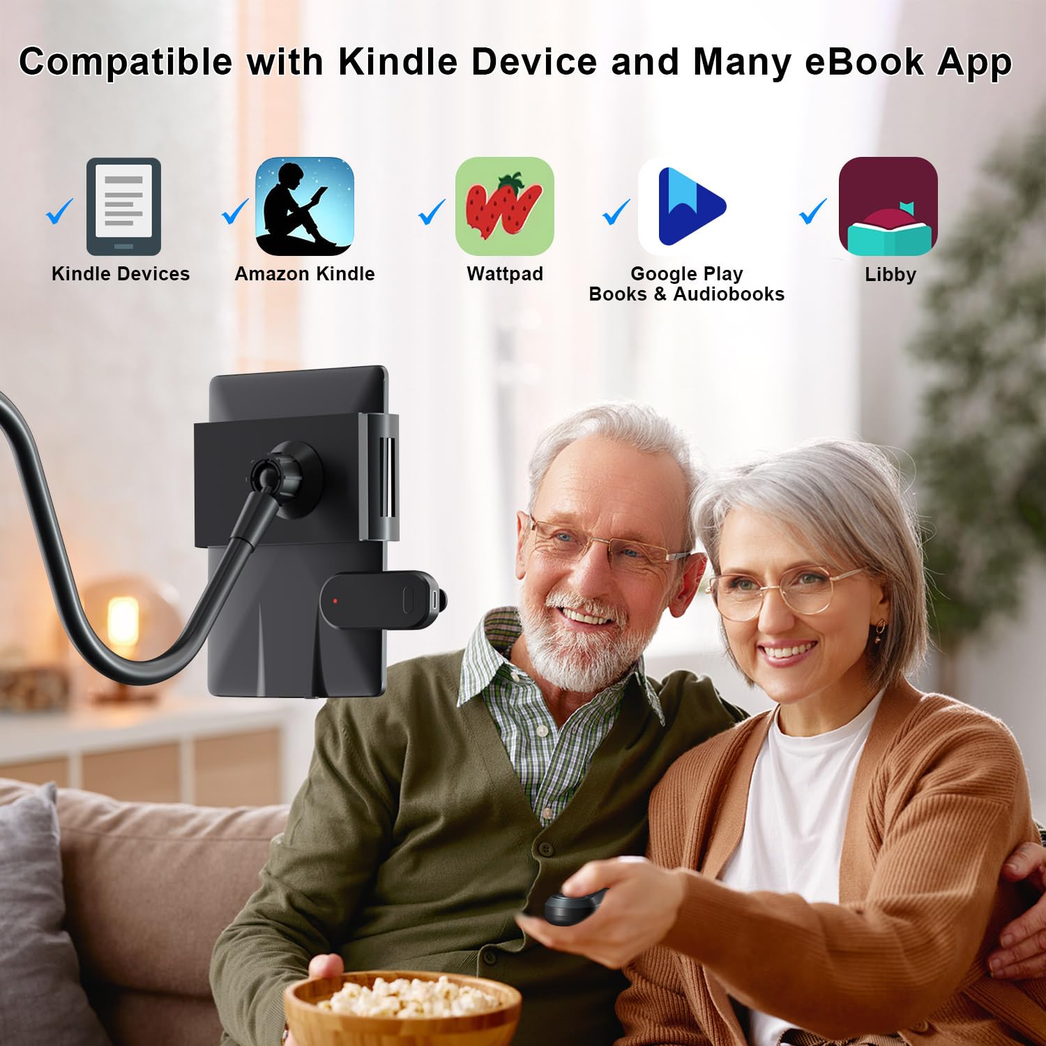 Kefotic Gooseneck Tablet Holder For Kindle Reading In Bed With Page Turner Remote, Hands Free Desk Bedside Lazy Arm Stand For Ki