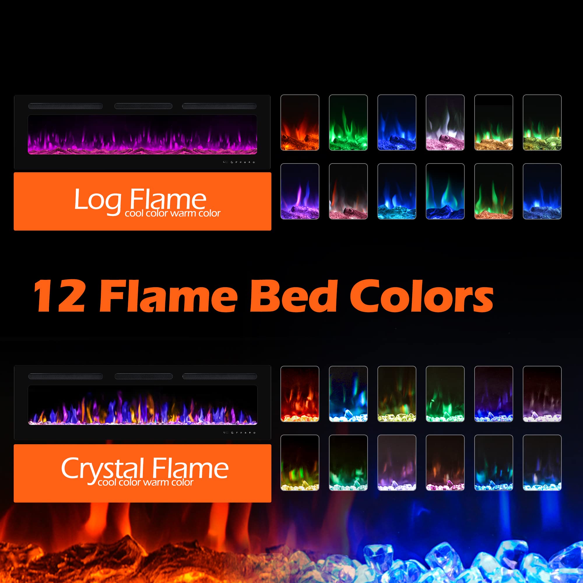 Betelnut 60'' Electric Fireplace Wall Mounted And Recessed With Remote Control, 750/1500W Ultra Thin Wall Fireplace Heater W/Tim