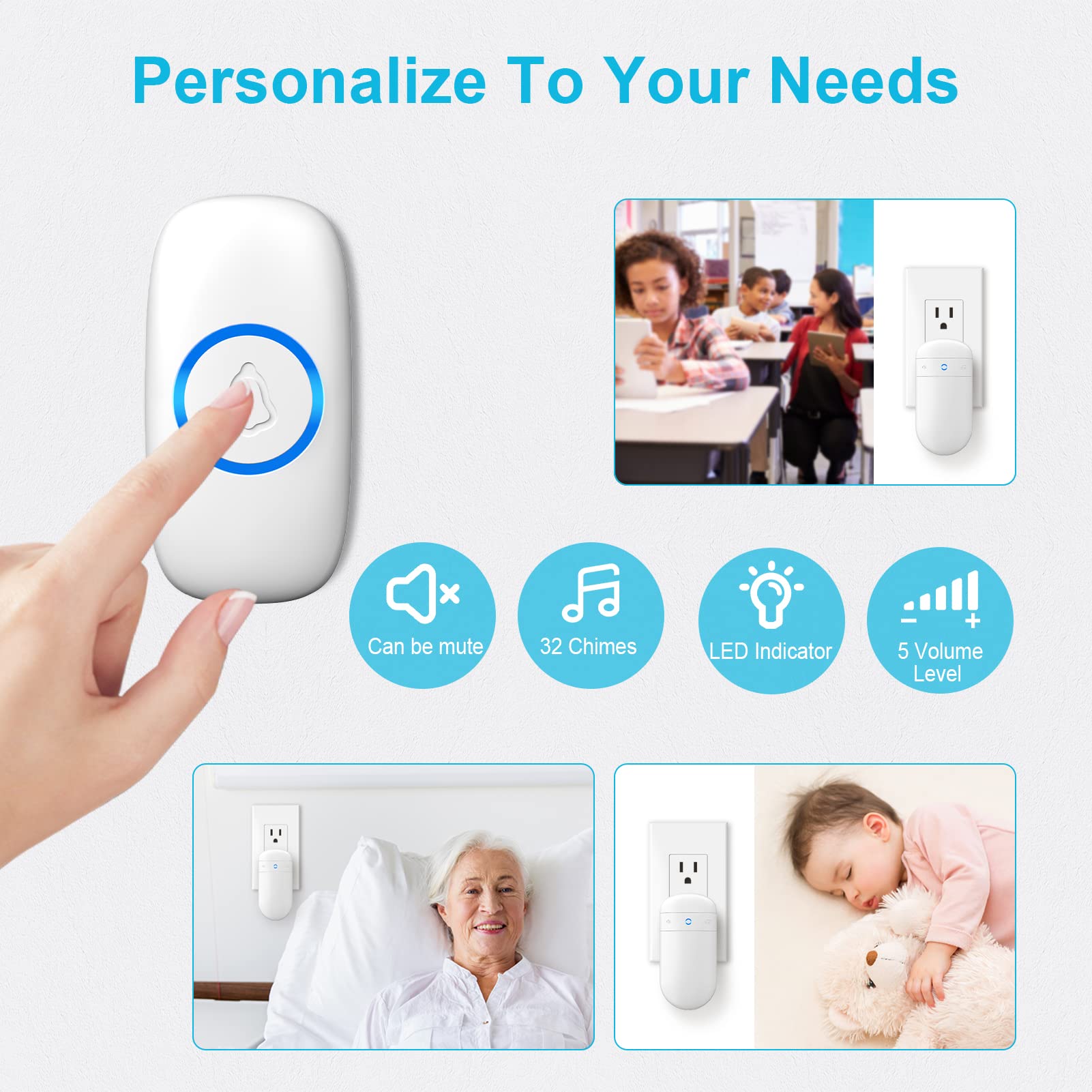 Wireless Doorbell, Secrui Door Bell Over 1000Ft Coverage With 2 Plug In Receivers, 1 Waterproof Push Button, 52 Chimes, 110Db Lo