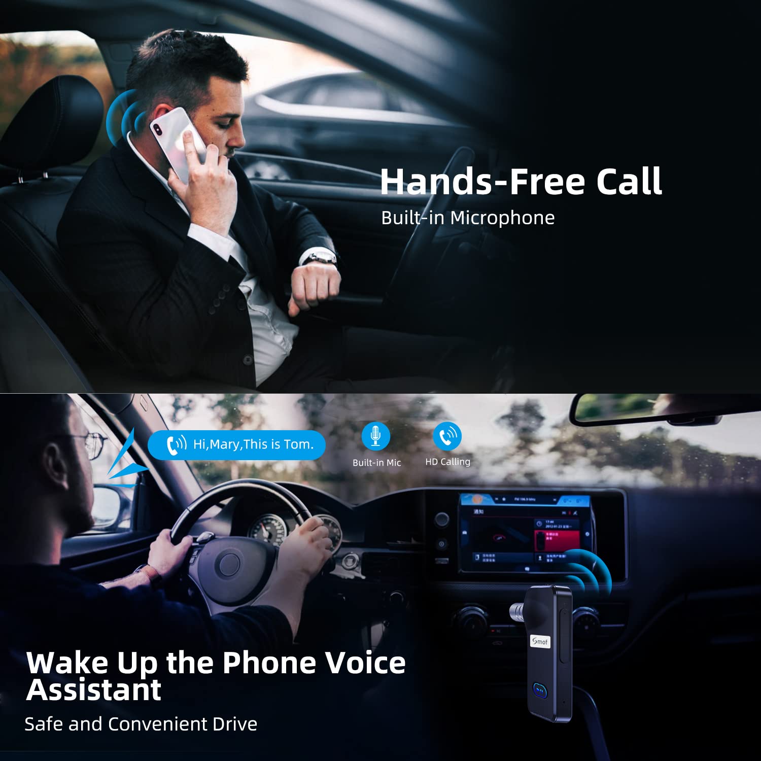 Smof Aux Bluetooth Receiver For Car, Portable 3.5Mm Aux Bluetooth 5.0 Car Adapter, 12 Hour Battery Life, Handsfree Calls, Dual Device Connection, For Car Stereo/Home Stereo/Wired Headphones/Speaker