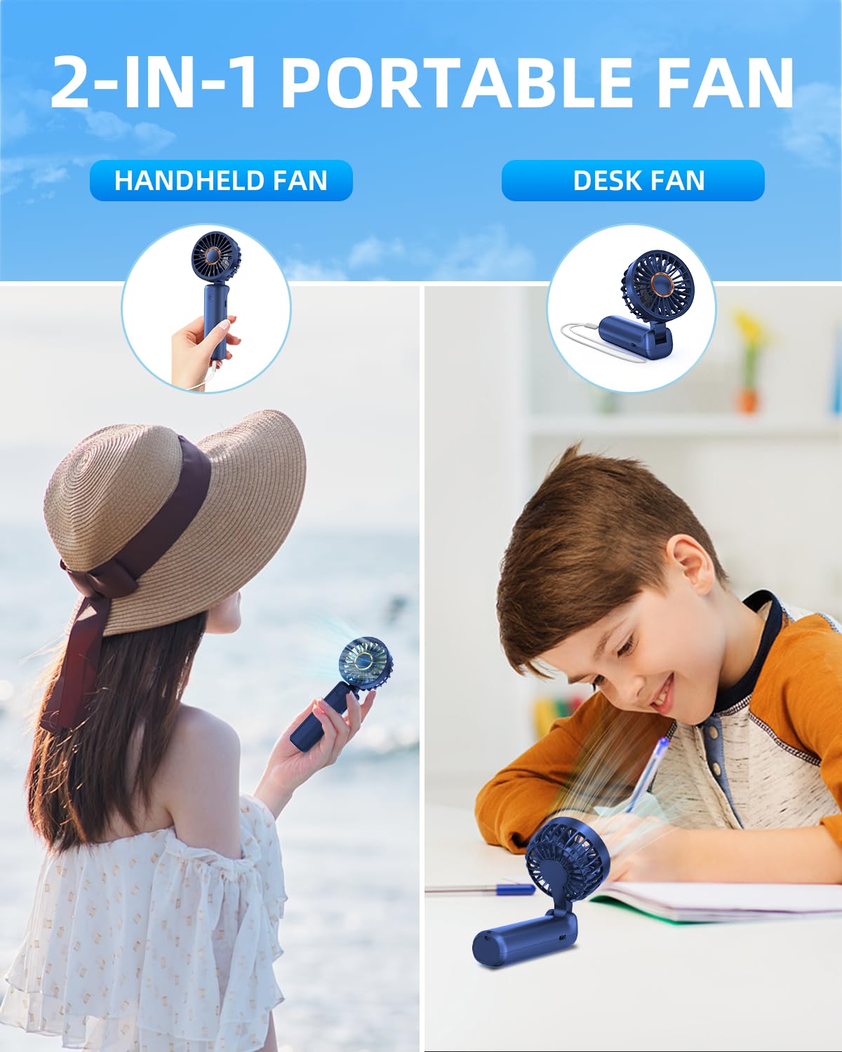 Hssio Portable Mini Fan, Handheld Fan, Small Desk Fan 180 Adjustable, 3 8 Hours Working Time, 3 Speeds, 2000Mah Battery Operated