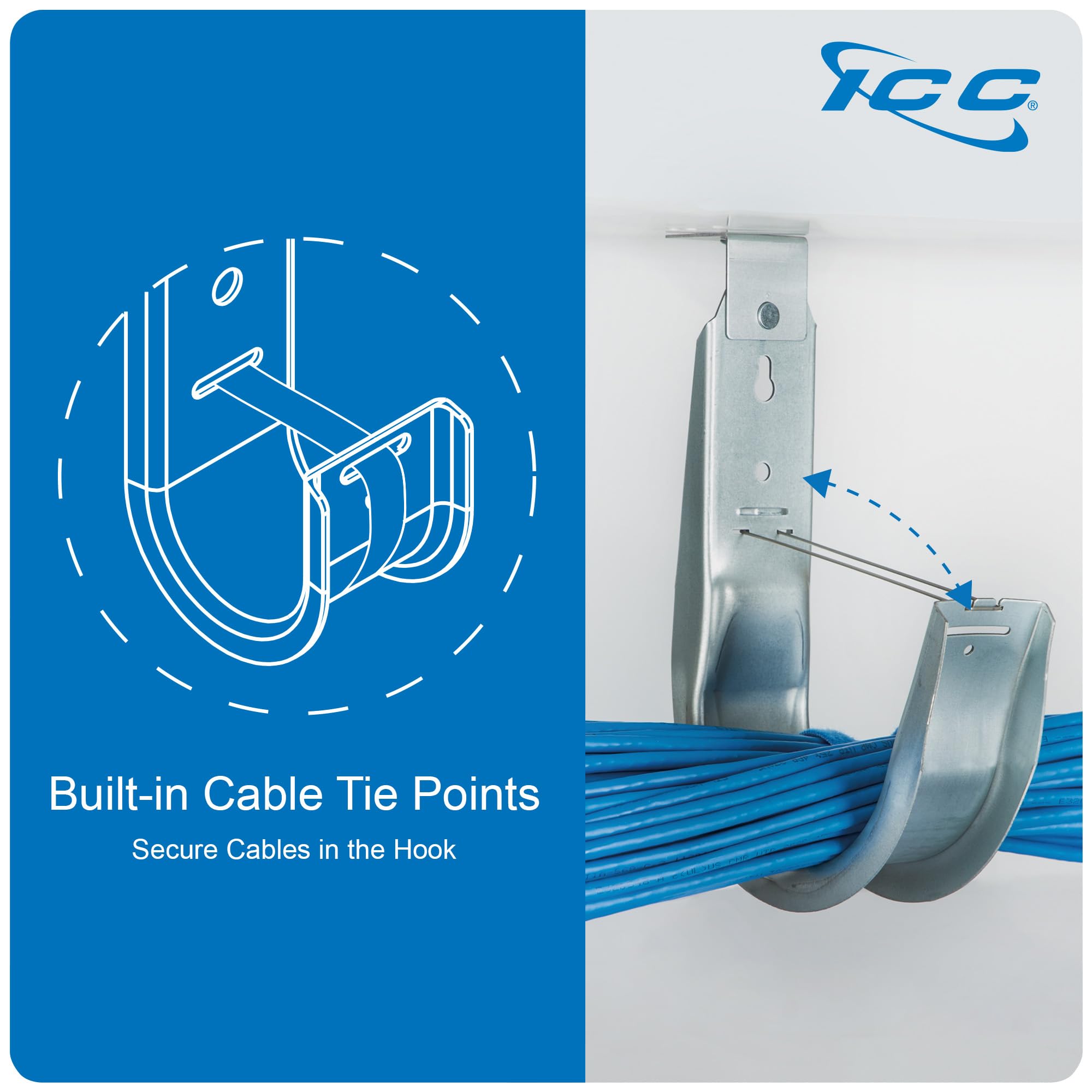 Icc Ceiling Mount J Hook 2    With Retainer Clip   Galvanized Steel Cable Management Hooks For Hanging Cable   Rust Resistant, E