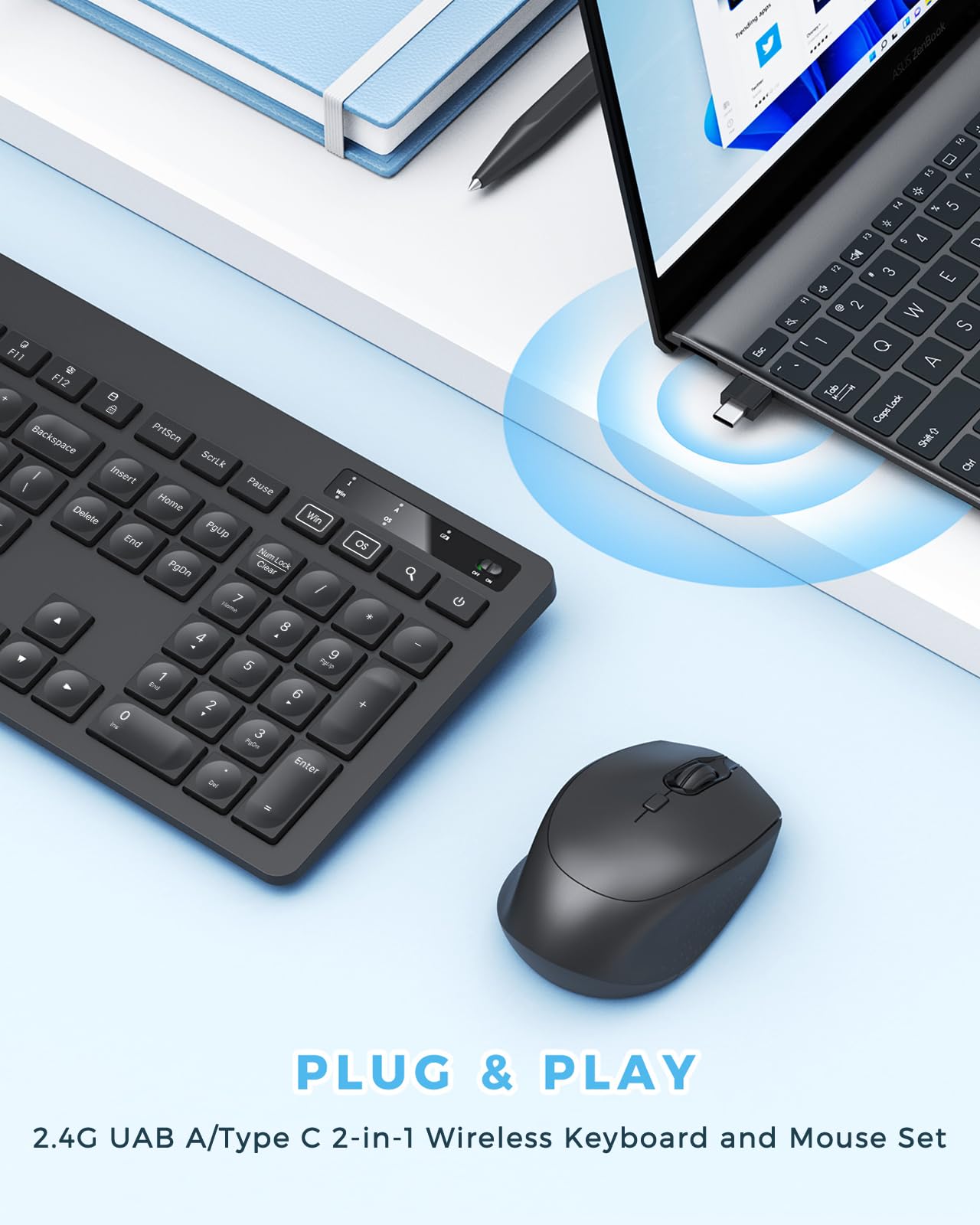 Keyboard And Mouse Wireless, Vivefox Wireless Keyboard With Phone Holder Usb A & Type C Receiver Cute Keyboard And Mouse Compati