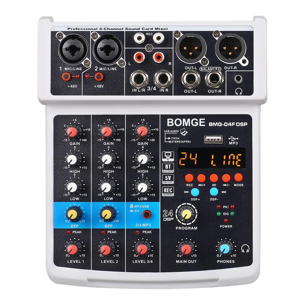 BOMgE 4 channel mini DJ Audio Sound Mixer Interface with MP3 USB, Bluetooth, Stereo Recording, 48V Phantom Power, 24 DSP for kar