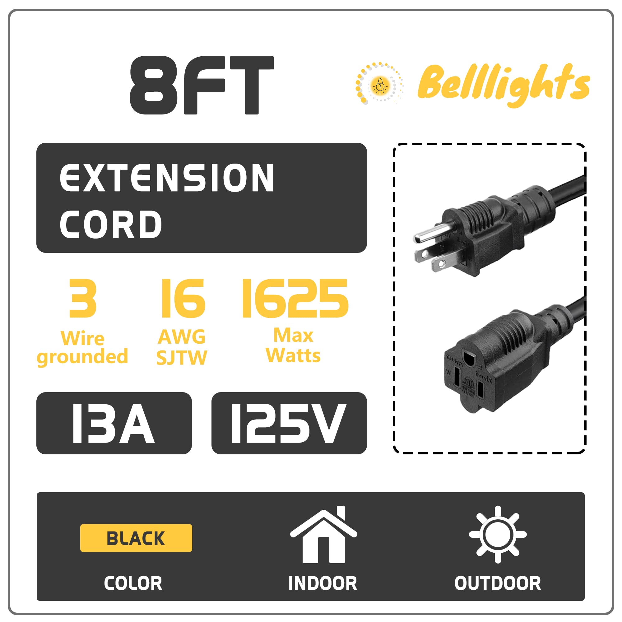 2 Pack 8Ft Extension Cord Outdoor 16 Awg Heavy Duty Power Cord 3 Prong Sjtw, Nema 5 15P To Nema 5 15R, Power Cable For Indoor An