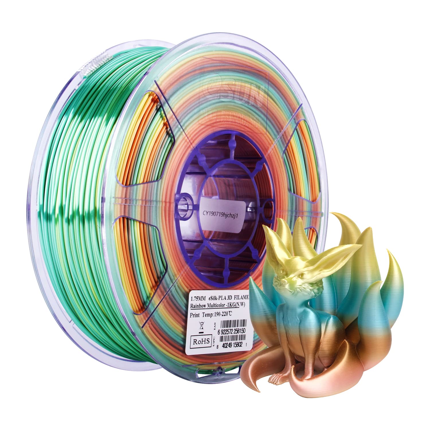 eSUN Silk Rainbow Metal PLA Filament 1.75mm, Silky Multicolored 3D Printer Filament PLA, 1KG Gradient Changing Multicolor Filame