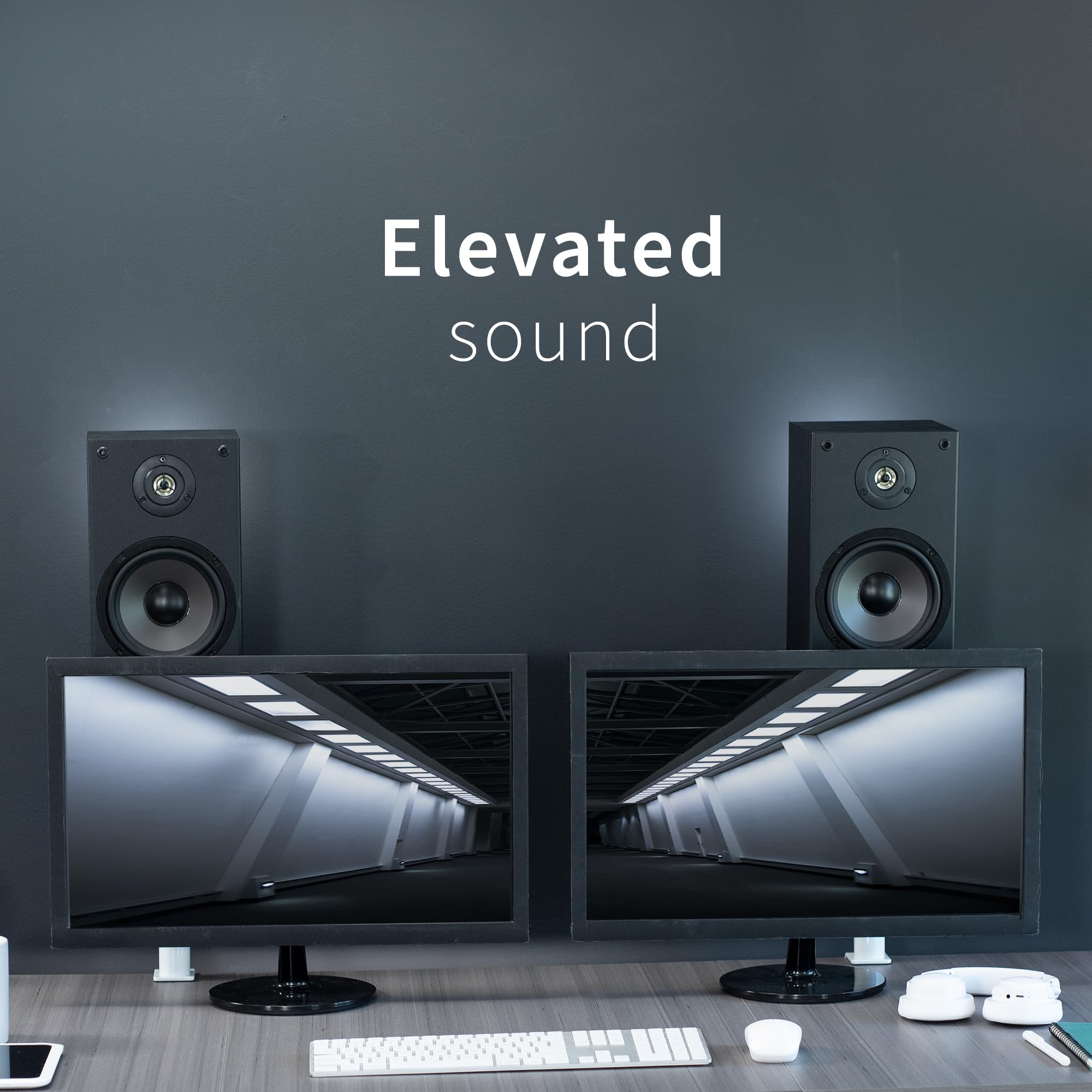 VIVO Clamp on Speaker Stand Desk Mount Set, 10 x 9 inch Trays, Height Adjustment and Tilt, Universal Audio Holders for Computer and Bookshelf Speakers, Elevated Sound, 2 Pack, White, MOUNT SP01CW