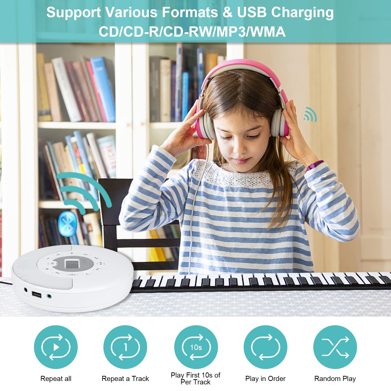 Cd Player Portable With Bluetooth   Rechargeable Personal Cd Player With Stereo Speakers,Anti Skip Walkman Cd Music Player For C