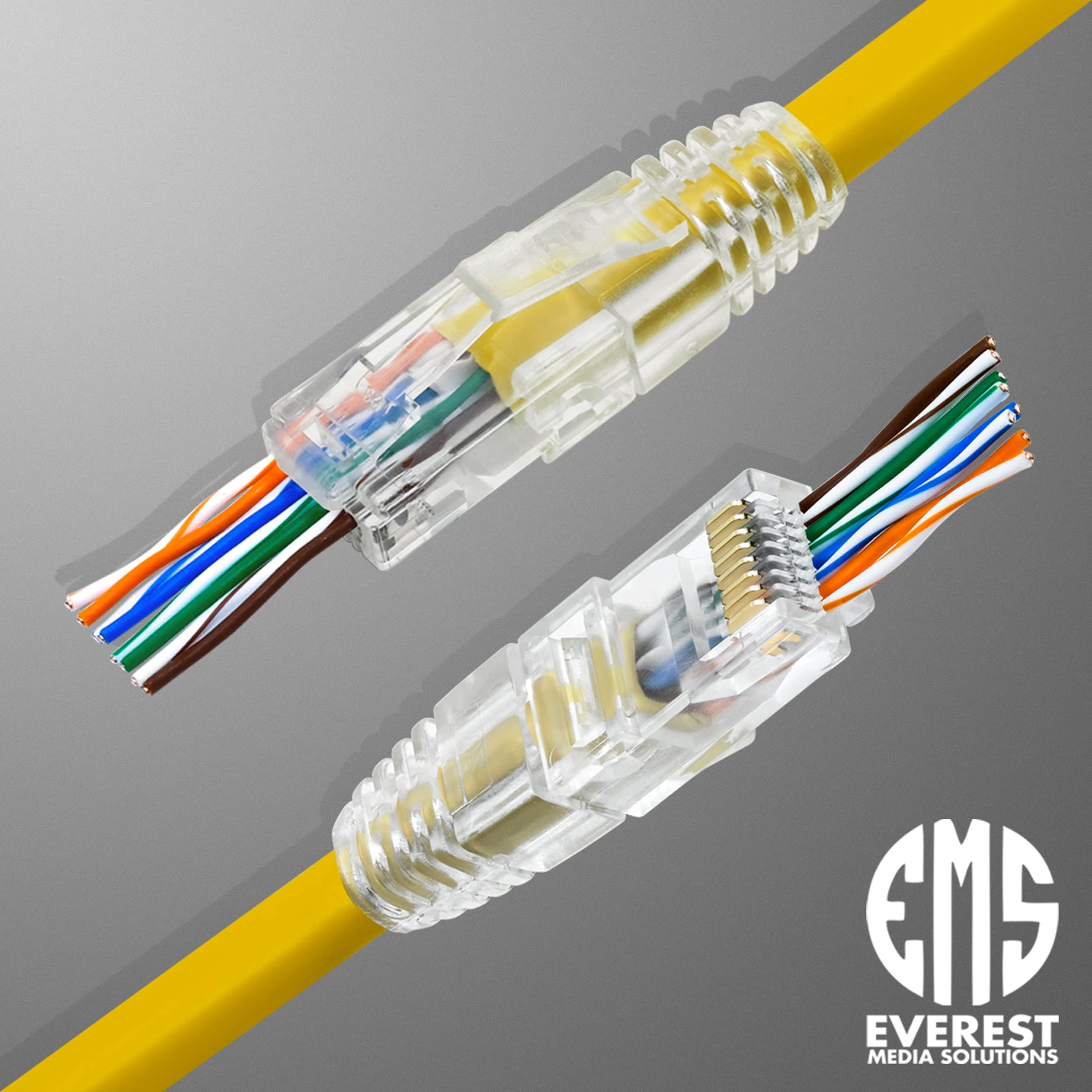 Everest Media Solutions Rj45 Cat5E Pass Through Connectors And Strain Relief Boots   Pack Of 100/100 | Ez To Crimp Modular Plug