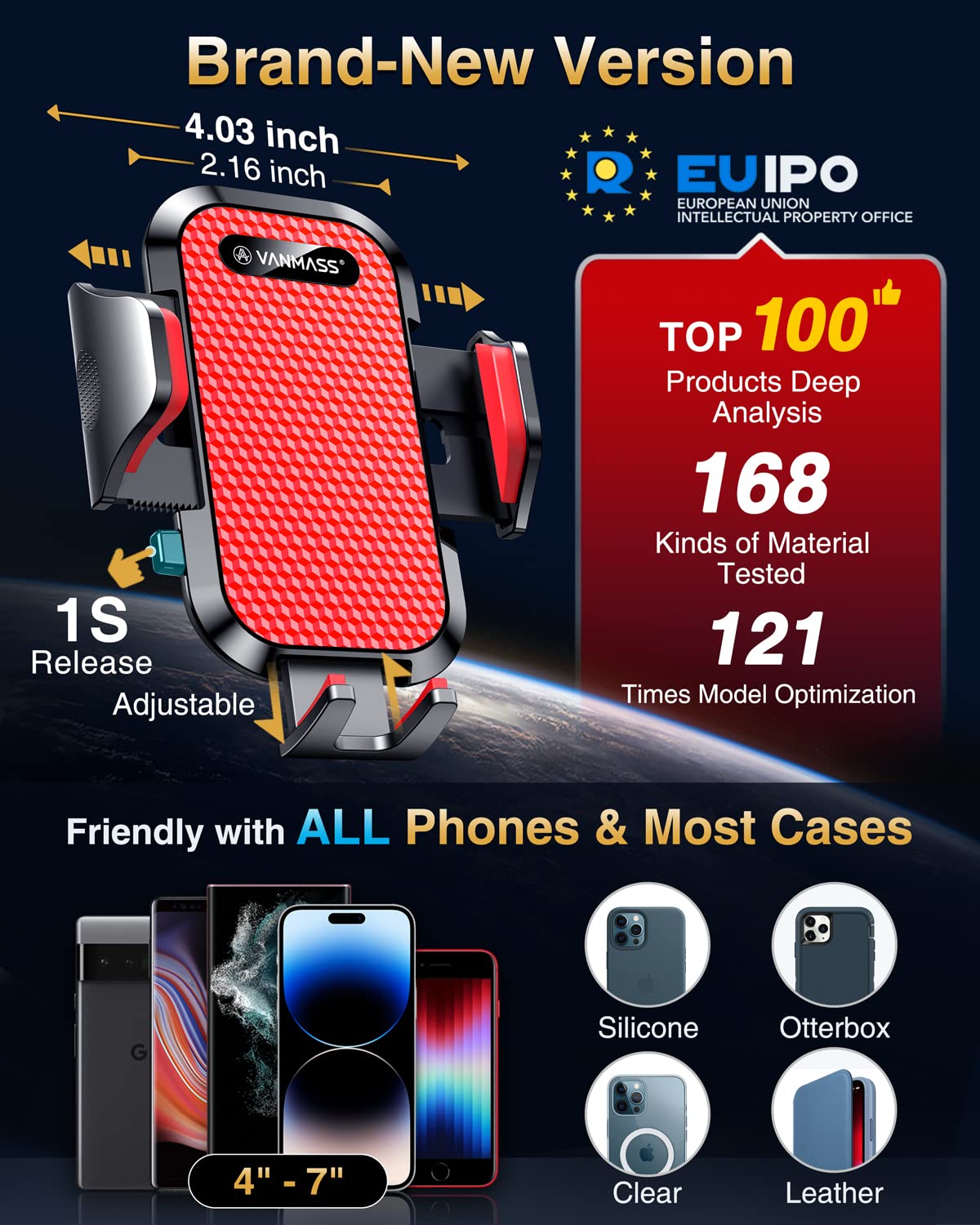 Vanmass [Pro Version] Universal Car Phone Mount [Super Suction Cup] Dashboard Phone Holder, Handsfree Windshield Dash Vent Phone