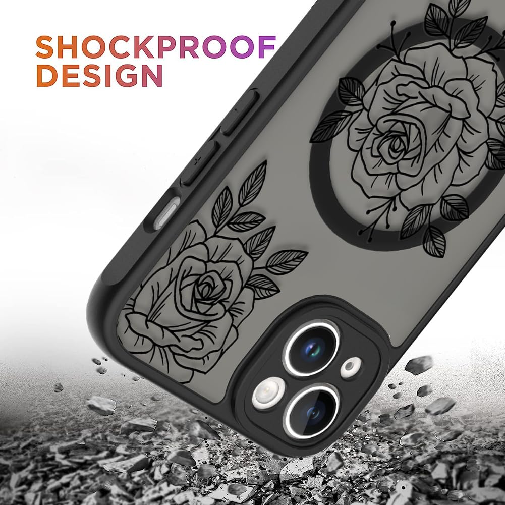 Ook Magnetic For Iphone 14 Plus Case Black Flower Floral Pattern [Compatible With Magsafe] Slim Translucent Matte Camera Lens Pr