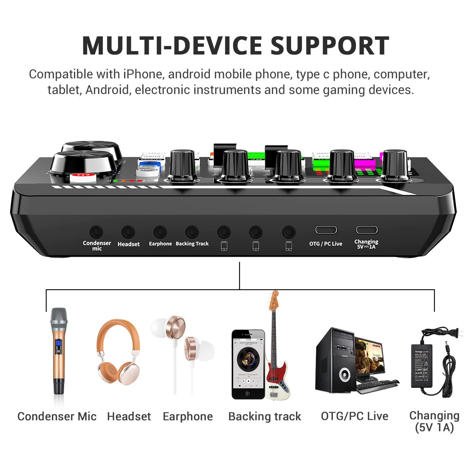 Facmogu F998 Live Sound Card Audio Mixer, Podcast Audio Interface With Dj Mixer Effects, Voice Changer With Sound Effects For Karaoke Tiktok Youtube Live Streaming Record Gaming
