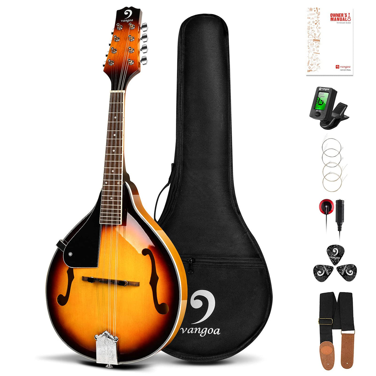 Vangoa Left-Handed Mandolin Musical Instrument, Acoustic 8 String Mandolin A Style For Left Hand Beginners, Sunburst