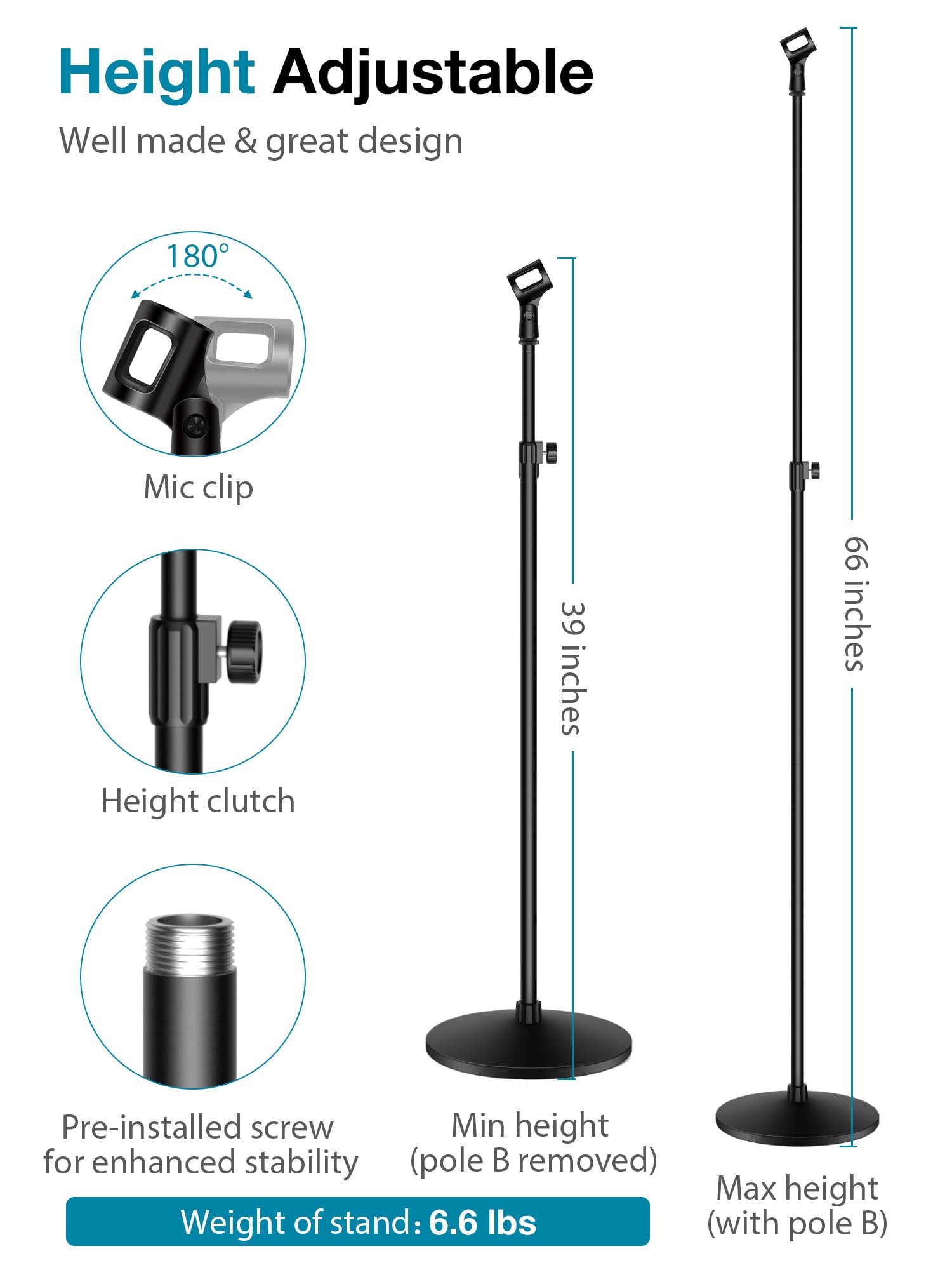 Innogear Mic Stand, Max Height 66.34 Microphone Stand Floor Detachable Boom Mic Arm Stands With Weighted Round Base For Blue Yet