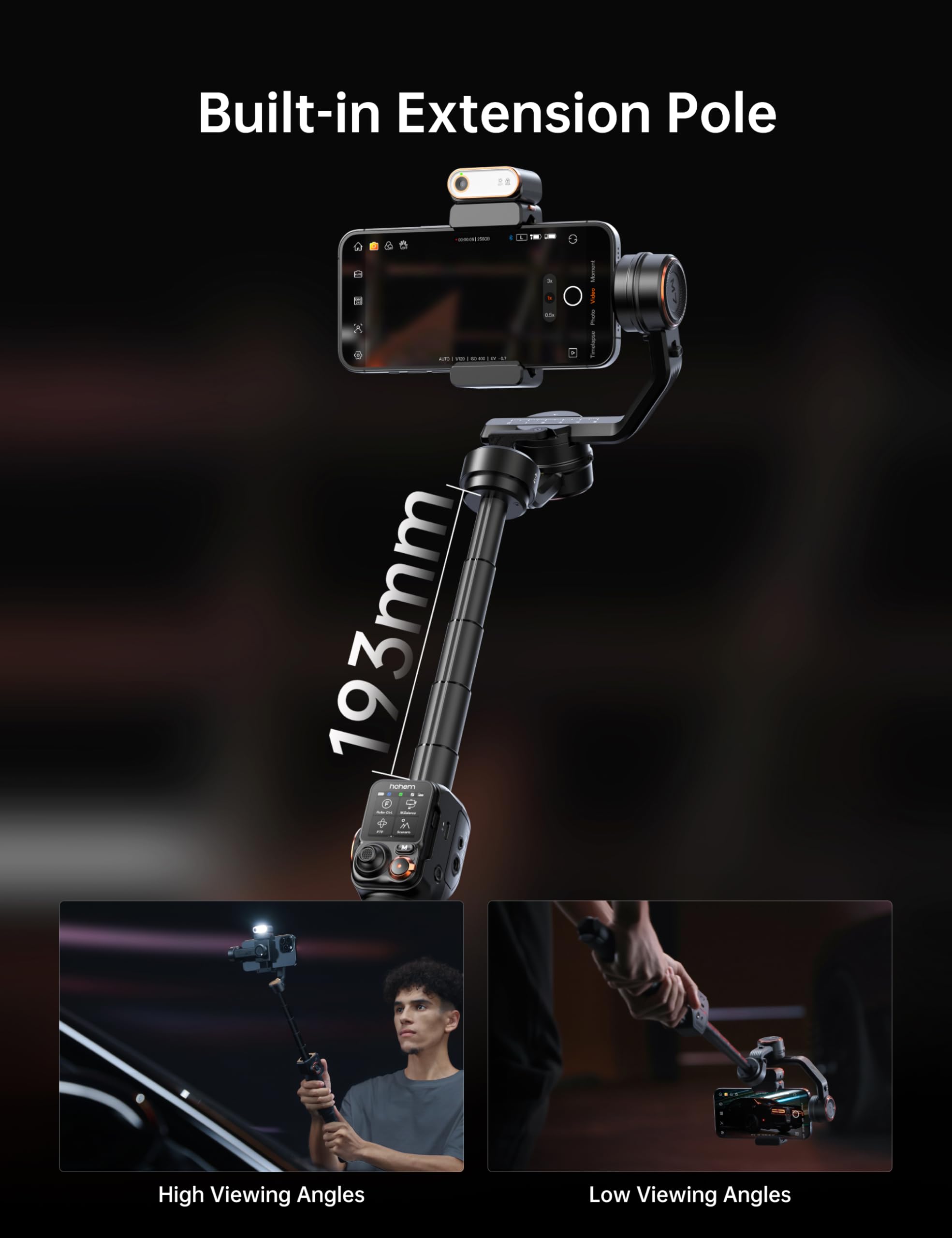 Hohem Isteady M7 Smartphone Gimbal Stabilizer, Ai Tracking Sensor With Fill Light, 1.4 Full Color Detachable Touchscreen Remote