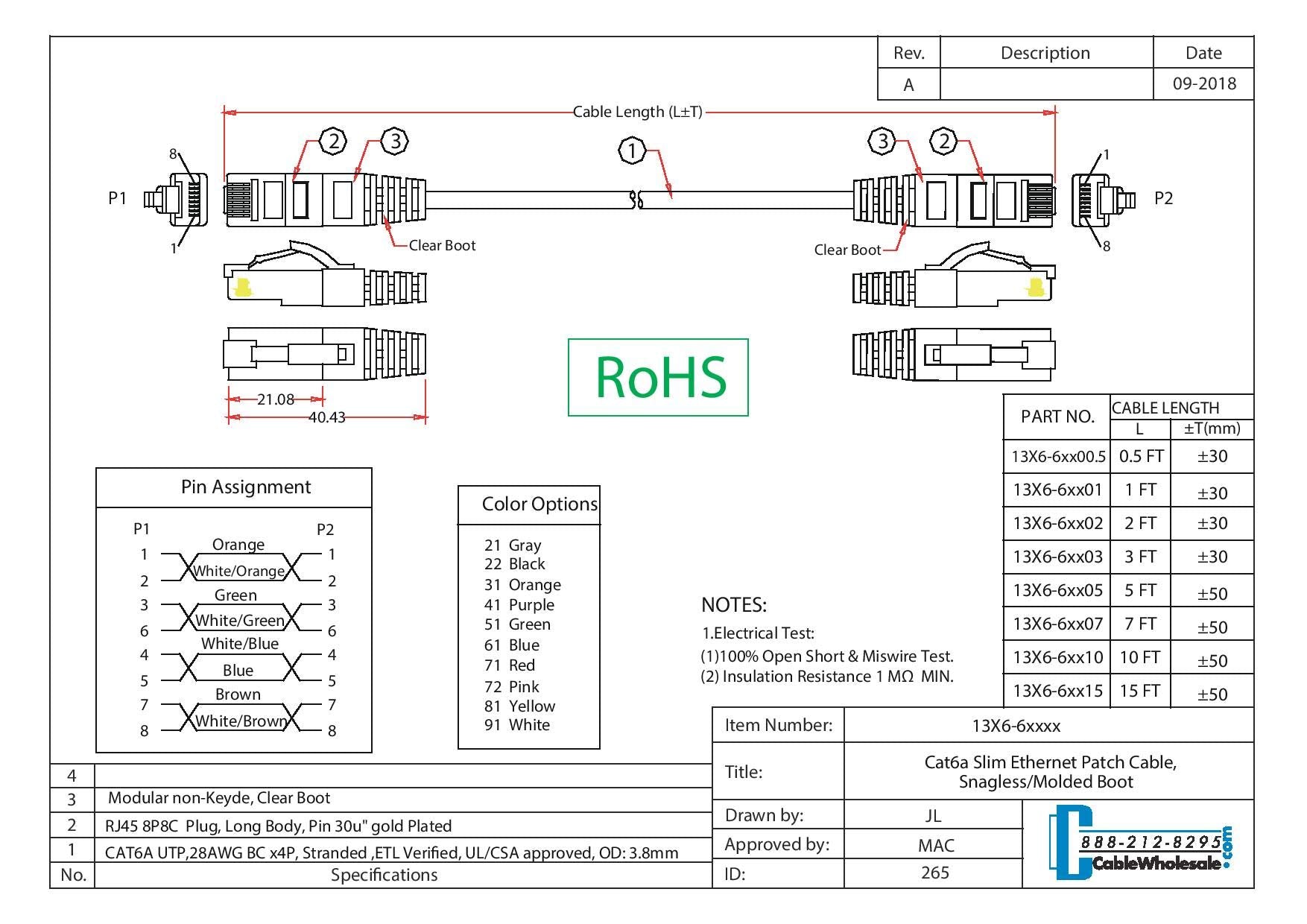 Cablewholesale Cat6A Slim Ethernet Patch Cable, 28Awg, 500Mhz, Etl/Ul/Csa Approved, Rj45 Copper Connector Snagless/Boot, Interne