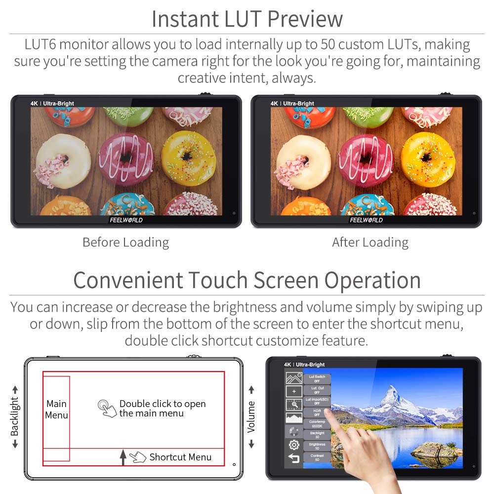 Feelworld Lut6 6 Inch 2600Nits Hdr 3D Lut Touch Screen Dslr Camera Field Monitor With Waveform Vectorscope Histogram 4K Hdmi Inp